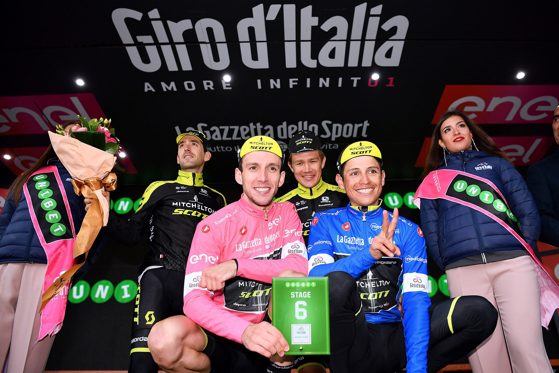 ETNA, ITALY - MAY 10: Podium / Simon Yates of Great Britain Pink Leader Jersey / Johan Esteban Chaves Rubio of Colombia Blue Mountain Jersey / Mikel Nieve Ituralde of Spain / Christopher Juul Jensen of Denmark / Team Mitchelton-Scott of Australia / Super Team / Celebration / during the 101th Tour of Italy 2018, Stage 6 a 164km stage from Caltanissetta to Etna-Oss.Astrofisico 1736m / Giro d'Italia / on May 10, 2018 in Etna, Italy. (Photo by Justin Setterfield/Getty Images)