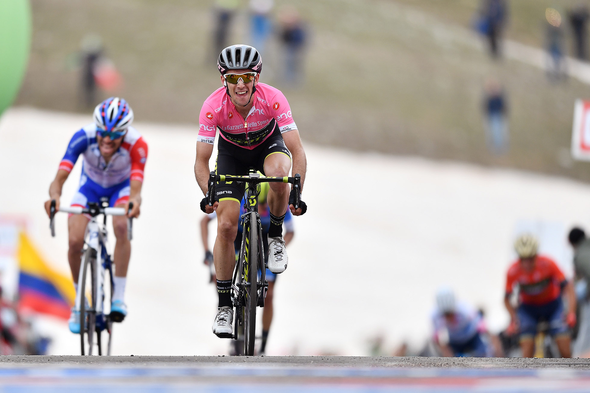 GRAN SASSO D'ITALIA - CAMPO IMPERATORE, ITALY - MAY 13: Arrival / Simon Yates of Great Britain and Team Mitchelton-Scott Pink Leader Jersey / Celebration / Thibaut Pinot of France and Team Groupama-FDJ / during the 101th Tour of Italy 2018, Stage 9 a 225km stage from Pesco Sannita to Gran Sasso D'italia - Campo Imperatore 2135m / Giro d'Italia / on May 13, 2018 in Gran Sasso D'italia - Campo Imperatore, Italy. (Photo by Justin Setterfield/Getty Images)