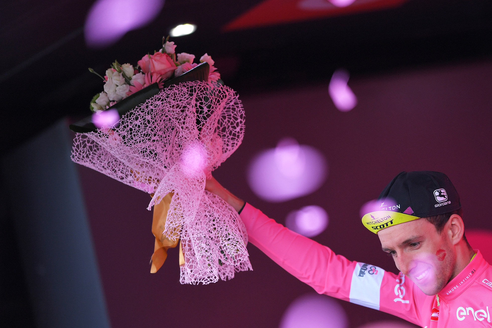 GUALDO TADINO, ITALY - MAY 15: Podium / Simon Yates of Great Britain and Team Mitchelton-Scott Pink leader Jersey / Celebration / during the 101st Tour of Italy 2018, Stage 10 a 244km stage from Penne to Gualdo Tadino / Giro d'Italia / on May 15, 2018 in Gualdo Tadino, Italy. (Photo by Tim de Waele/Getty Images)