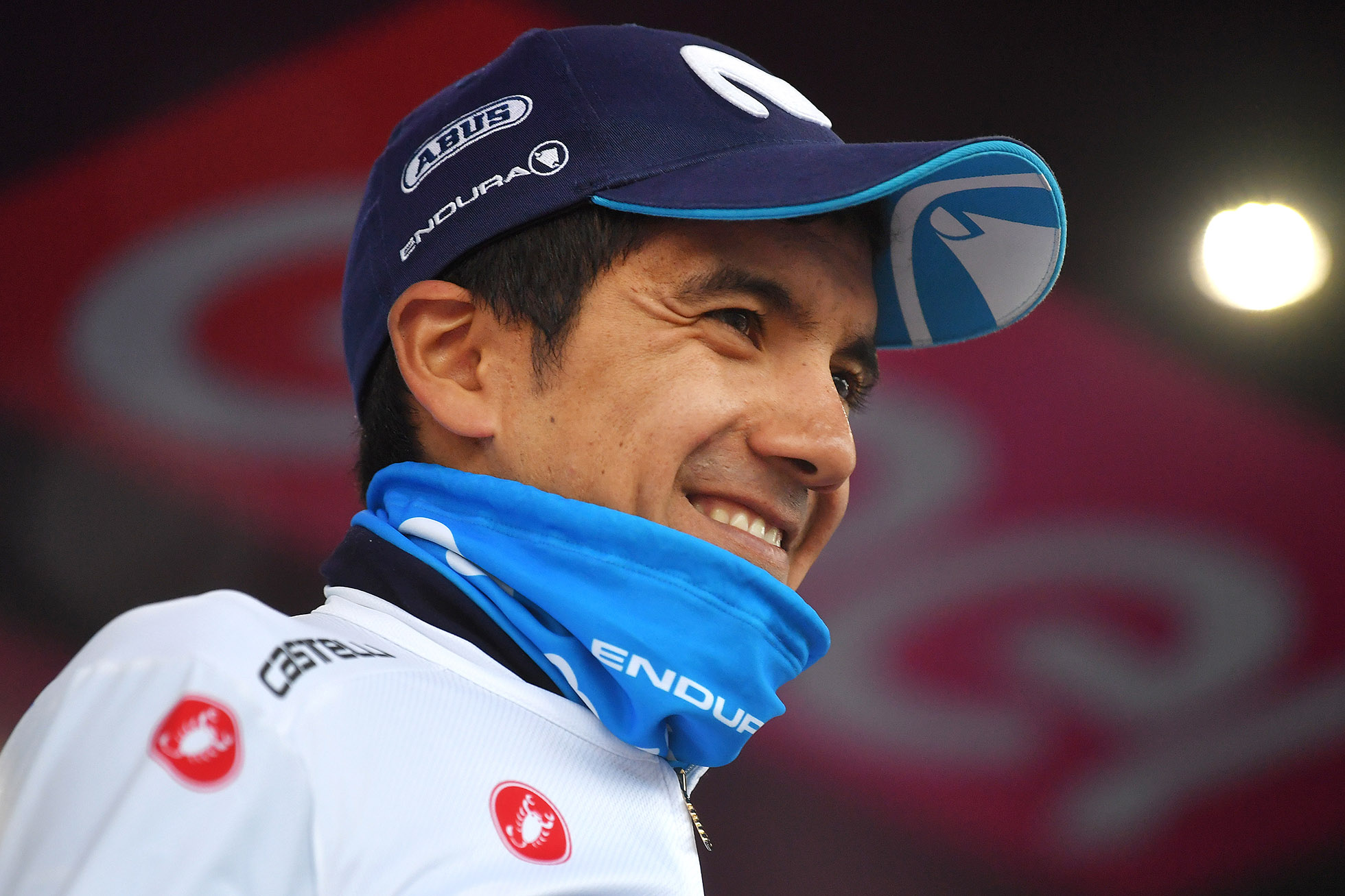 MOLA, ITALY - MAY 17: Podium / Richard Carapaz of Ecuador and Movistar Team White Best Young Rider Jersey / Celebration /during the 101st Tour of Italy 2018, Stage 12 a 214km stage from Osimo to Imola-Autodromo Enzo e Dino Ferrari / Imola F1 Circuit / Giro d'Italia / on May 17, 2018 in Imola, Italy. (Photo by Tim de Waele/Getty Images)