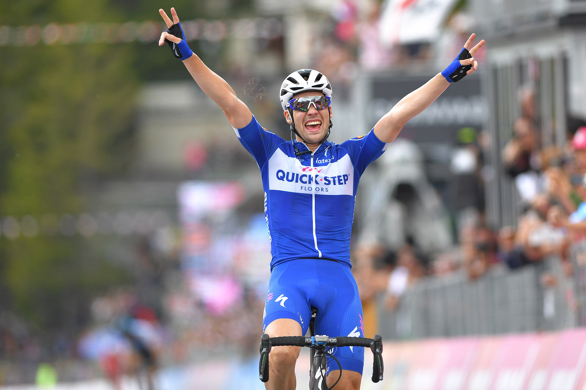 PRATO NEVOSO, ITALY - MAY 24: Arrival / Maximilian Schachmann of Germany and Team Quick-Step Floors / Celebration / during the 101st Tour of Italy 2018, Stage 18 a 196km stage from Abbiategrasso to Prato Nevoso 1607m / Giro d'Italia / on May 24, 2018 in Prato Nevoso, Italy. (Photo by Justin Setterfield/Getty Images)