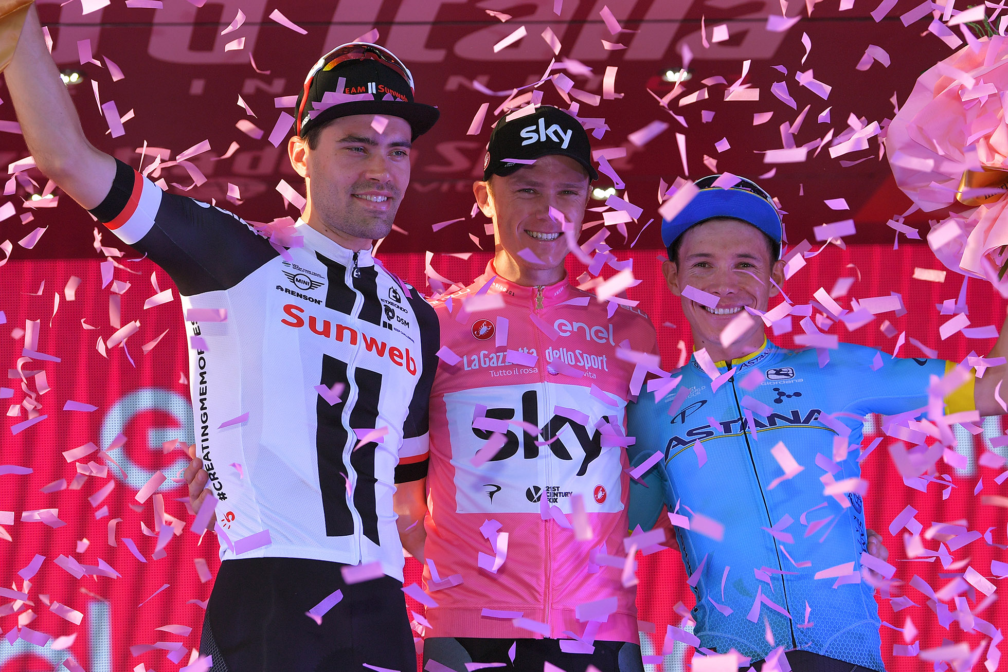 ROME, ITALY - MAY 27: Podium / Tom Dumoulin of The Netherlands and Team Sunweb / Christopher Froome of Great Britain Pink Leader Jersey / Miguel Angel Lopez of Colombia and Astana Pro Team / Celebration / during the 101st Tour of Italy 2018, Stage 21 a 115km stage from Rome to Rome / Giro d'Italia / on May 27, 2018 in Rome, Italy. (Photo by Tim de Waele/Getty Images)