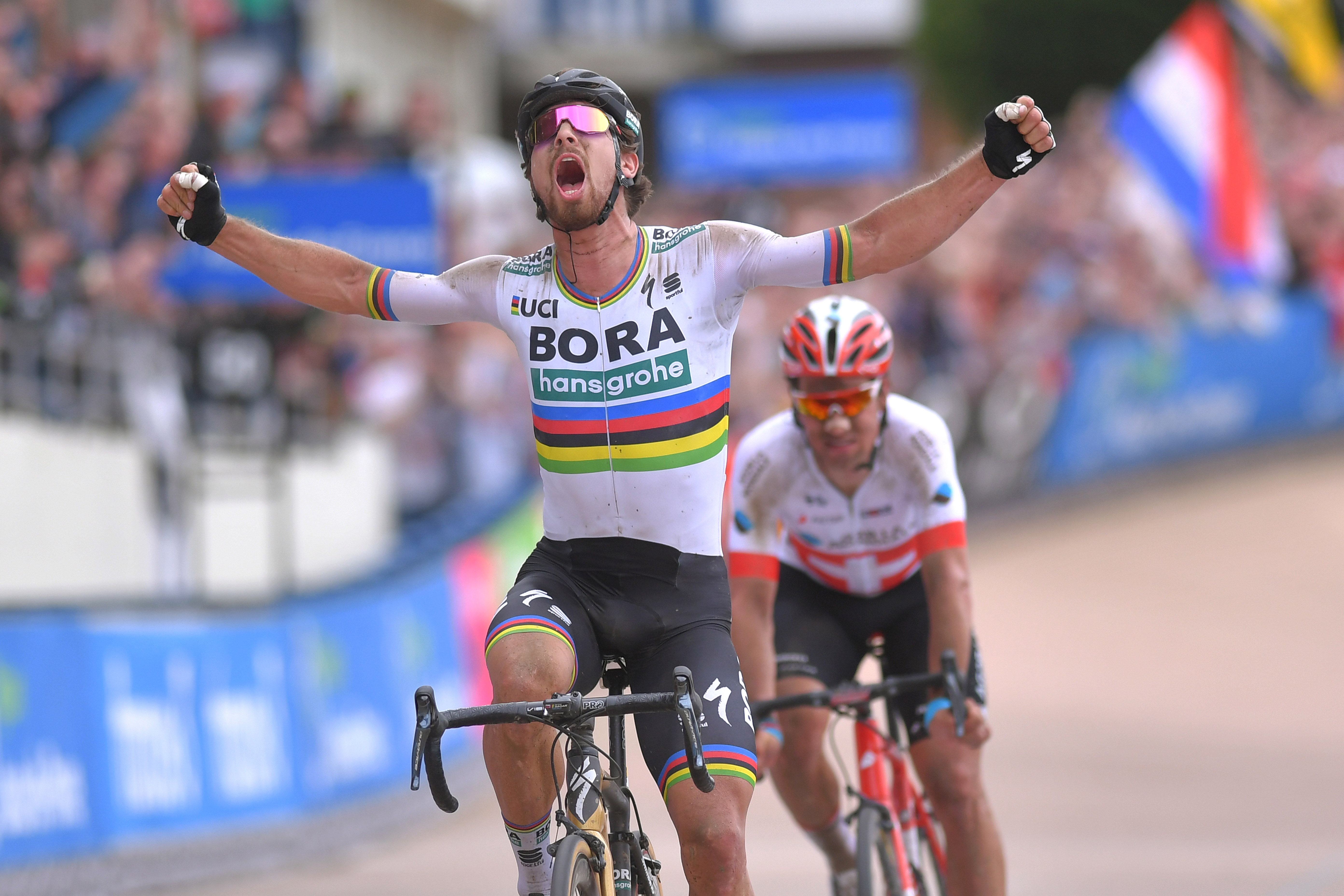 ROUBAIX, FRANCE - APRIL 08: Arrival / Peter Sagan of Slovakia and Team Bora - Hansgrohe / Celebration / Silvan Dillier of Switzerland and Team AG2R La Mondiale / Track Roubaix Velodrome / during the 116th Paris - Roubaix 2018 a 257km race from Compiegne to Roubaix on April 8, 2018 in Roubaix, France. (Photo by Tim de Waele/Getty Images)