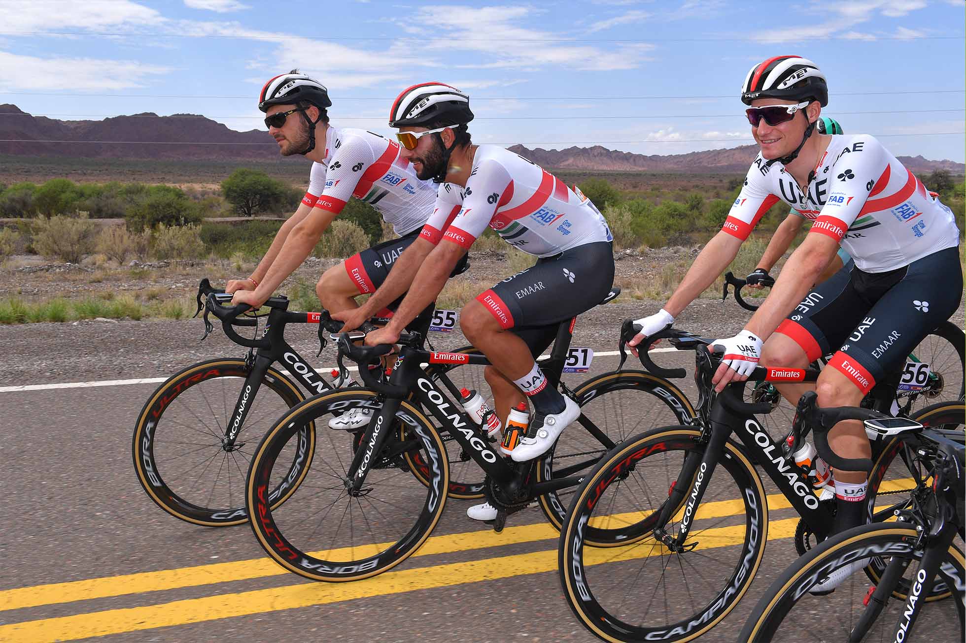 VALLE FÉRTIL - VILLA SAN AGUSTÍN, ARGENTINA - JANUARY 30: Oliviero Troia of Italy and UAE Team Emirates / Fernando Gaviria of Colombia and UAE Team Emirates / Tom Bohli of Switzerland and UAE Team Emirates / during the 37th Tour of San Juan 2019, Stage 4 a 185,8km stage from San Jose Jáchal to Valle Fértil - Villa San Agustín / #VueltaSJ2019 / on January 30, 2019 in Valle Fértil - Villa San Agustín, Argentina. (Photo by Tim de Waele/Getty Images)