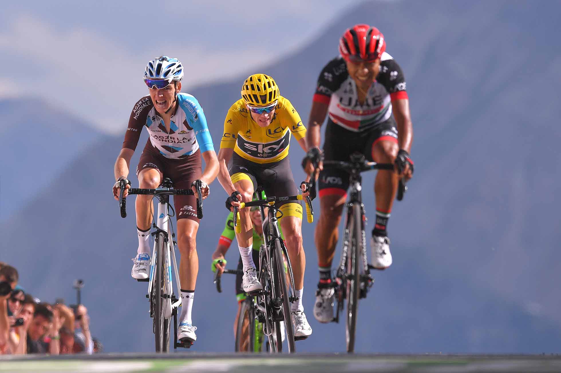 Cycling: 104th Tour de France 2017 / Stage 18 Arrival / Romain BARDET (FRA)/ Christopher FROOME (GBR) Yellow Leader Jersey / John Darwin ATAPUMA (COL)/ Briancon - Izoard-Col d'Izoard 2360m (179,5km)/ TDF / (Photo by Tim de Waele/Corbis via Getty Images)