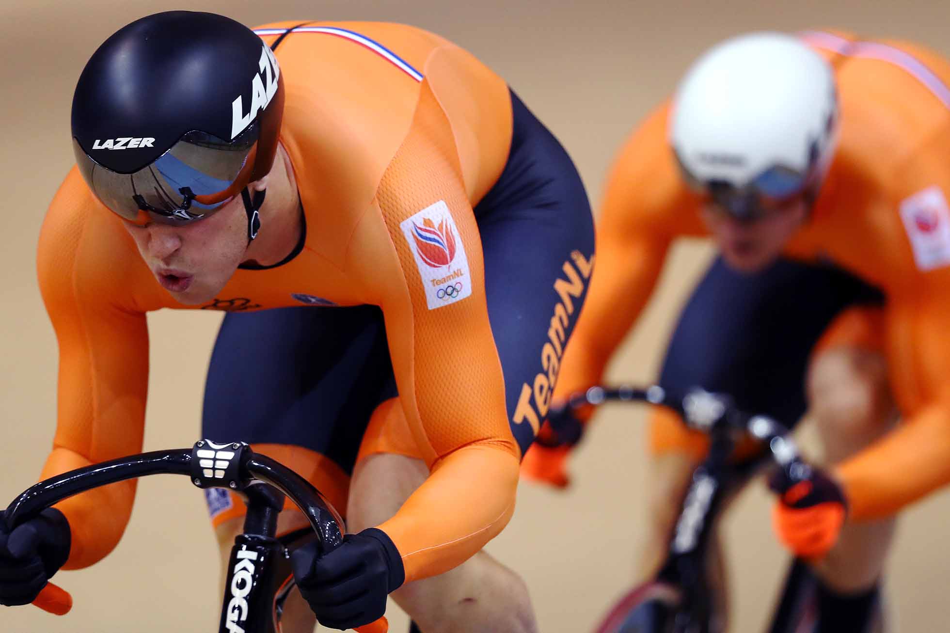 MINSK, BELARUS - JUNE 27: Harrie Arnoldus Johannes Lavreysen and Jeffrey Joshua Gerardus Hoogland of Netherlands compete with Nils van 't Hoenderdaal in the Men's Team Sprint Qualifying / Qualifications during Day 7 of the 2nd European Games at the Minsk Arena Velodrome on June 27, 2019 in Minsk, Belarus. (Photo by Dean Mouhtaropoulos/Getty Images)