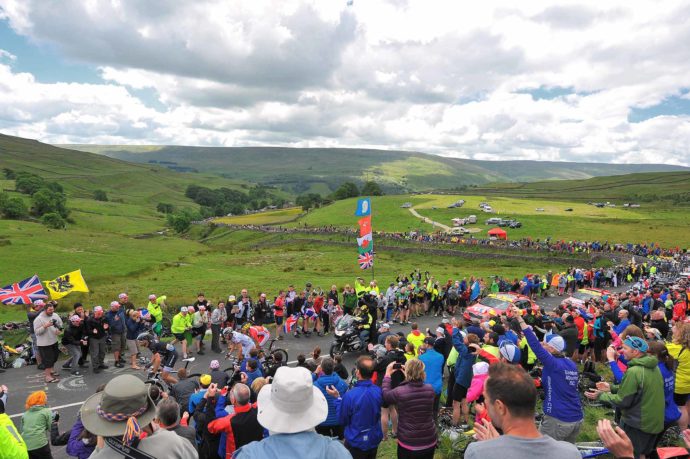 Cycling: 101th Tour de France / Stage 1 Illustration Illustratie / VOIGT Jens (GER)/ EDET Nicolas (FRA)/ JARRIER Benoit (FRA)/ Cote de Buttertubs (532m) Mountains Montagnes Bergen / Public Publiek Spectators Fans Supporters / Landscape Paysage Landschap / Leeds - Harrogate (190,5Km)/ Ronde van Frankrijk TDF Etape Rit (c) Tim De Waele (Photo by Tim de Waele/Corbis via Getty Images)