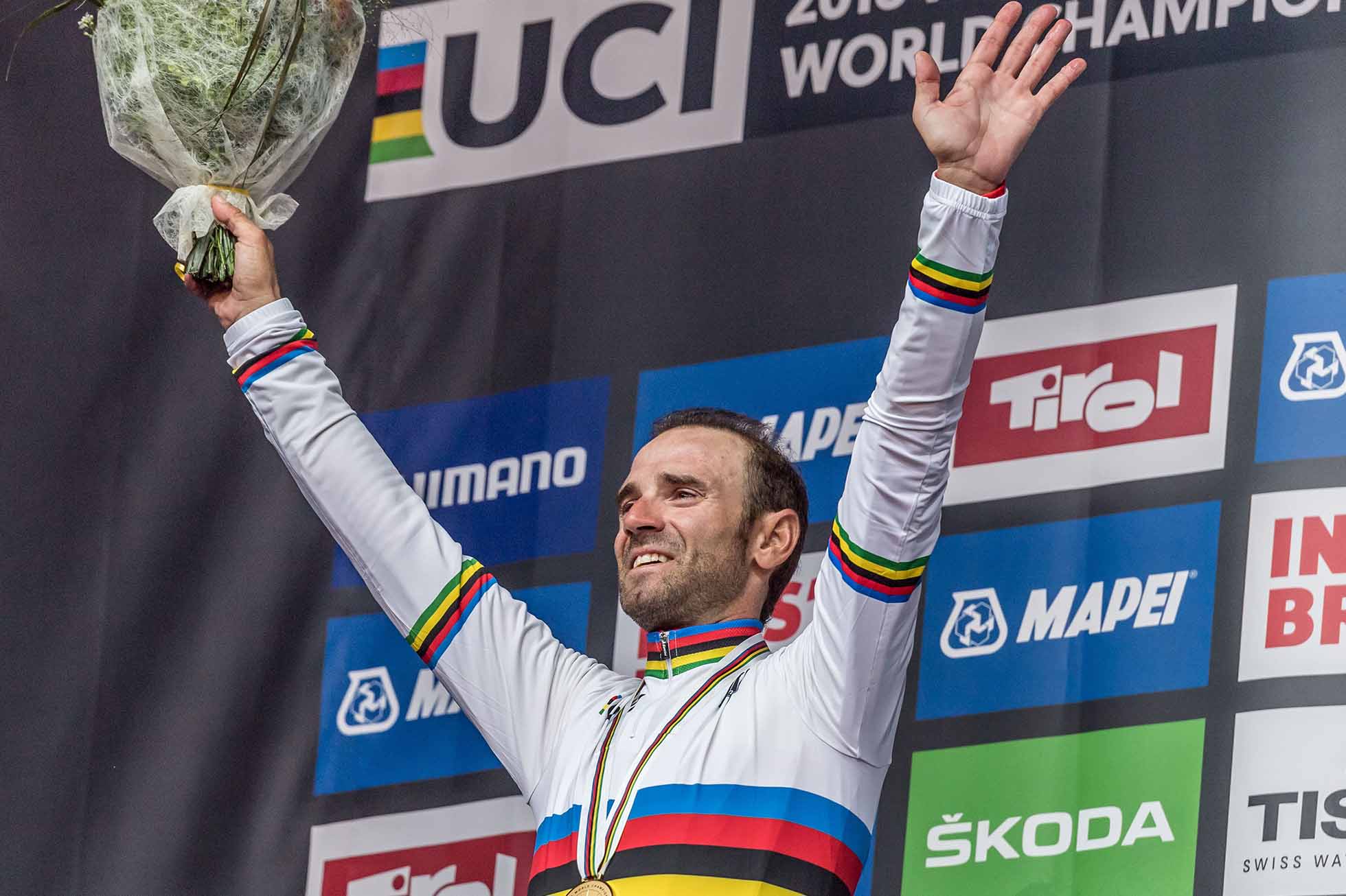 INNSBRUCK, AUSTRIA - SEPTEMBER 30: Alejandro Valverde of Spain celebrates victory on the podium after the Men Elite Road Race of UCI 2018 Road World Championships on September 30, 2018 in Innsbruck-Tirol, Austria. (Photo by Andrea Kareth /SEPA.Media /Getty Images)