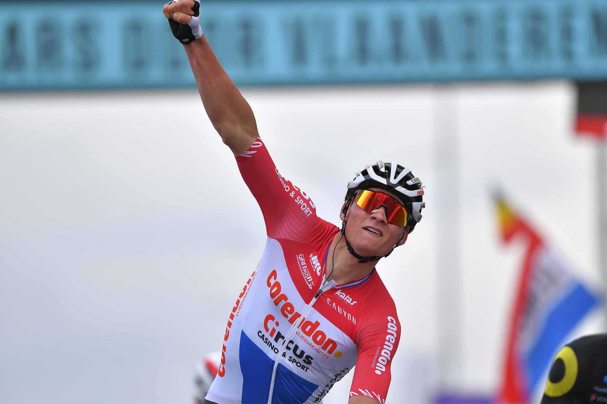 WAREGEM, BELGIUM - APRIL 03: Arrival / Mathieu van der Poel of The Netherlands and Team Corendon-Circus / Celebration / during the 74th Dwars door Vlaanderen 2019 a 182,8km race from Roeselare to Waregem / @DwarsdrVlaander / @FlandersClassic / on April 03, 2019 in Waregem, Belgium. (Photo by Tim de Waele/Getty Images)