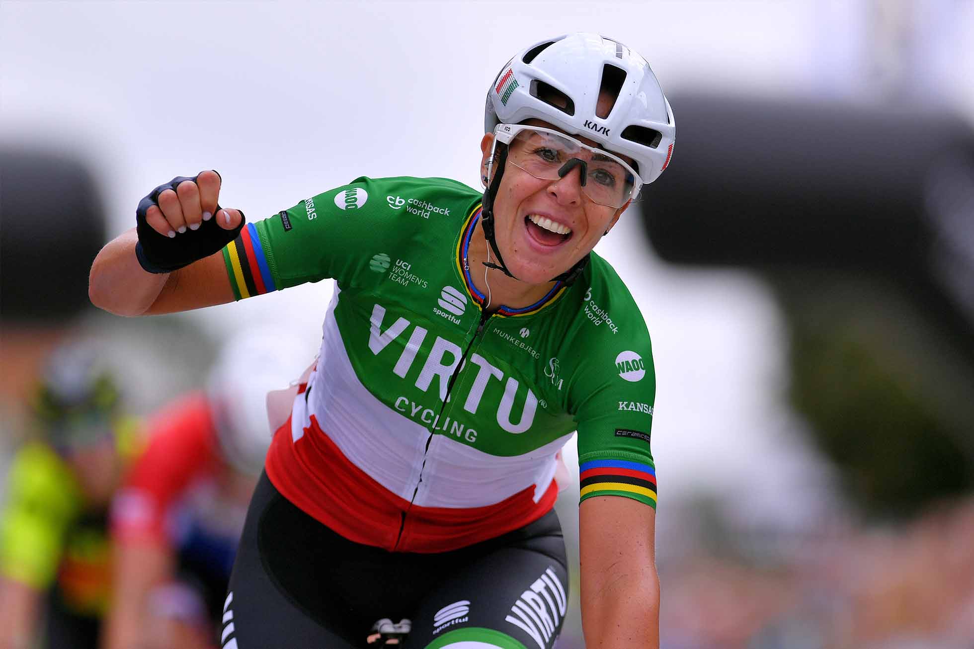 VARGARDA, SWEDEN - AUGUST 18: Arrival / Marta Bastianelli of Italy and Team Virtu Cycling / Celebration / during the 14th Postnord Vårgårda WestSweden - Road Race, a 145,3km stage from Vårgårda to Vårgårda / @vargardawwt / #UCIWWT / on August 18, 2019 in Vargarda, Sweden. (Photo by Luc Claessen/Getty Images)