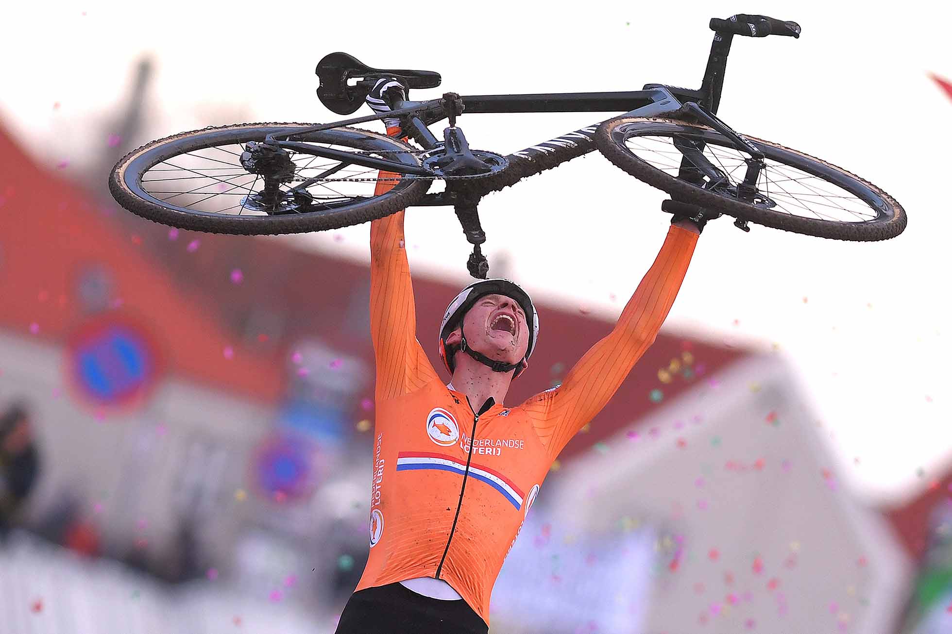 BOGENSE, DENMARK - FEBRUARY 03: Arrival / Mathieu Van Der Poel of The Netherlands and Team The Netherlands / Celebration / during the 70th Cyclo-cross World Championships Bogense 2019, Men Elite / Cross Denmark / @Bogense2019 / on February 3, 2019 in Bogense, Denmark. (Photo by Luc Claessen/Getty Images)