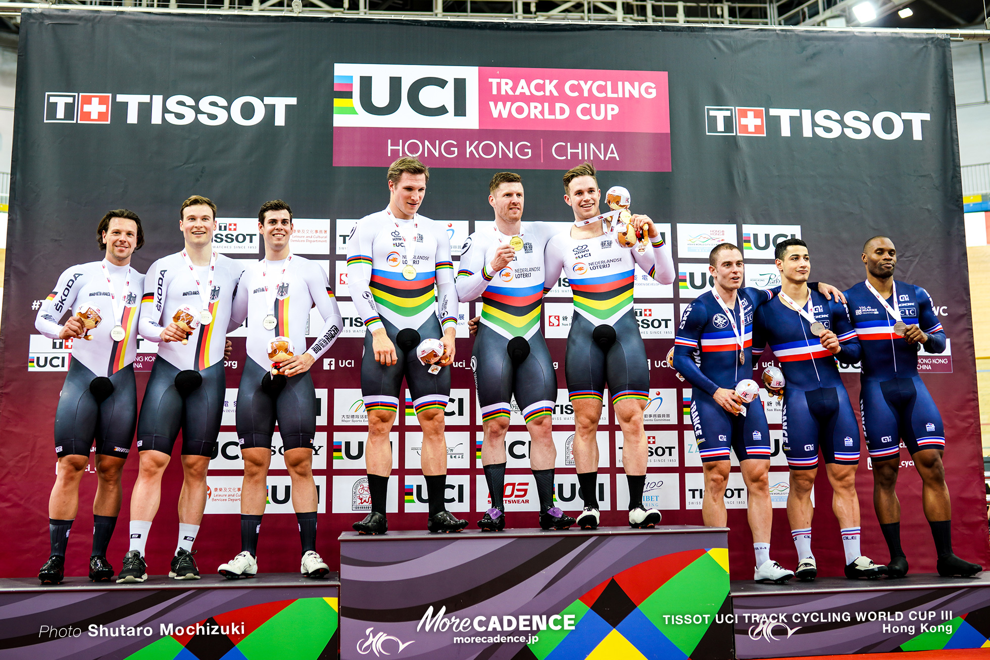 Final / Men's Team Sprint / TISSOT UCI TRACK CYCLING WORLD CUP III, Hong Kong /Netherlands/ Jeffrey HOOGLAND ジェフリー・ホーフラント Harrie LAVREYSEN ハリー・ラブレイセン Roy van den BERG ロイ・バンデンバーグ /Germany/ Timo BICHLER ティモ・ビヒラー Stefan BOTTICHER シュテファン・ボティシャー Eric ENGLER エリック・エングラー /France/ Gregory BAUGE グレゴリー・ボジェ Michael D'ALMEIDA ミカエル・ダルメイダ Rayan HELAL ライアン・エラル