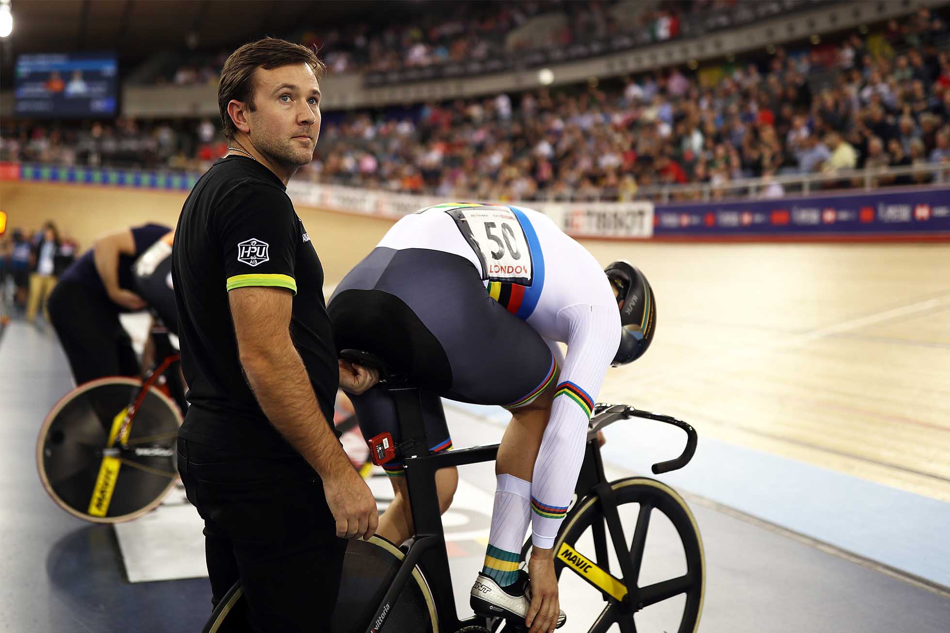 LONDON, ENGLAND - DECEMBER 16: Ross Edgar assists Mathew Glaetzer of Australia during day three of the 2018 TISSOT UCI Track Cycling World Cup at Lee Valley Velopark Velodrome on December 16, 2018 in London, England. (Photo by Bryn Lennon/Getty Images)