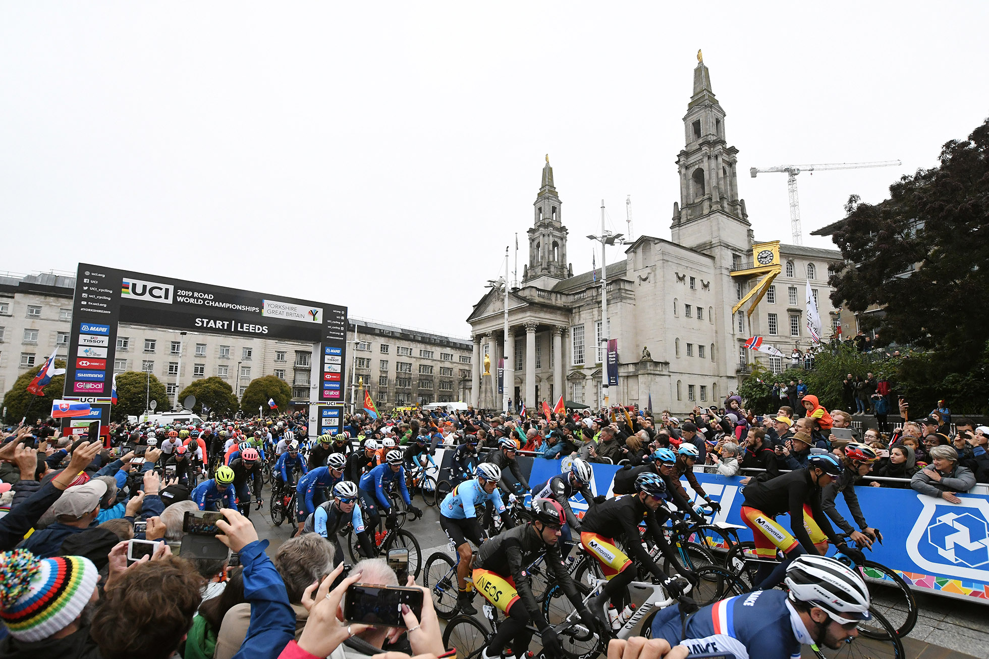 HARROGATE, ENGLAND - SEPTEMBER 29: Start / Ivan Garcia Cortina of Spain / Marc Soler of Spain / Alejandro Valverde of Spain / Jonathan Castroviejo Nicolás of Spain / Philippe Gilbert of Belgium / Leeds City / Civic Hall - Town Hall / Peloton / Fans / Public / during the 92nd UCI Road World Championships 2019, Men Elite Road Race a 261,8km race from Leeds to Harrogate 125m / RR / @Yorkshire2019 / #Yorkshire2019 / on September 29, 2019 in Harrogate, England. (Photo by George Wood/Getty Images)