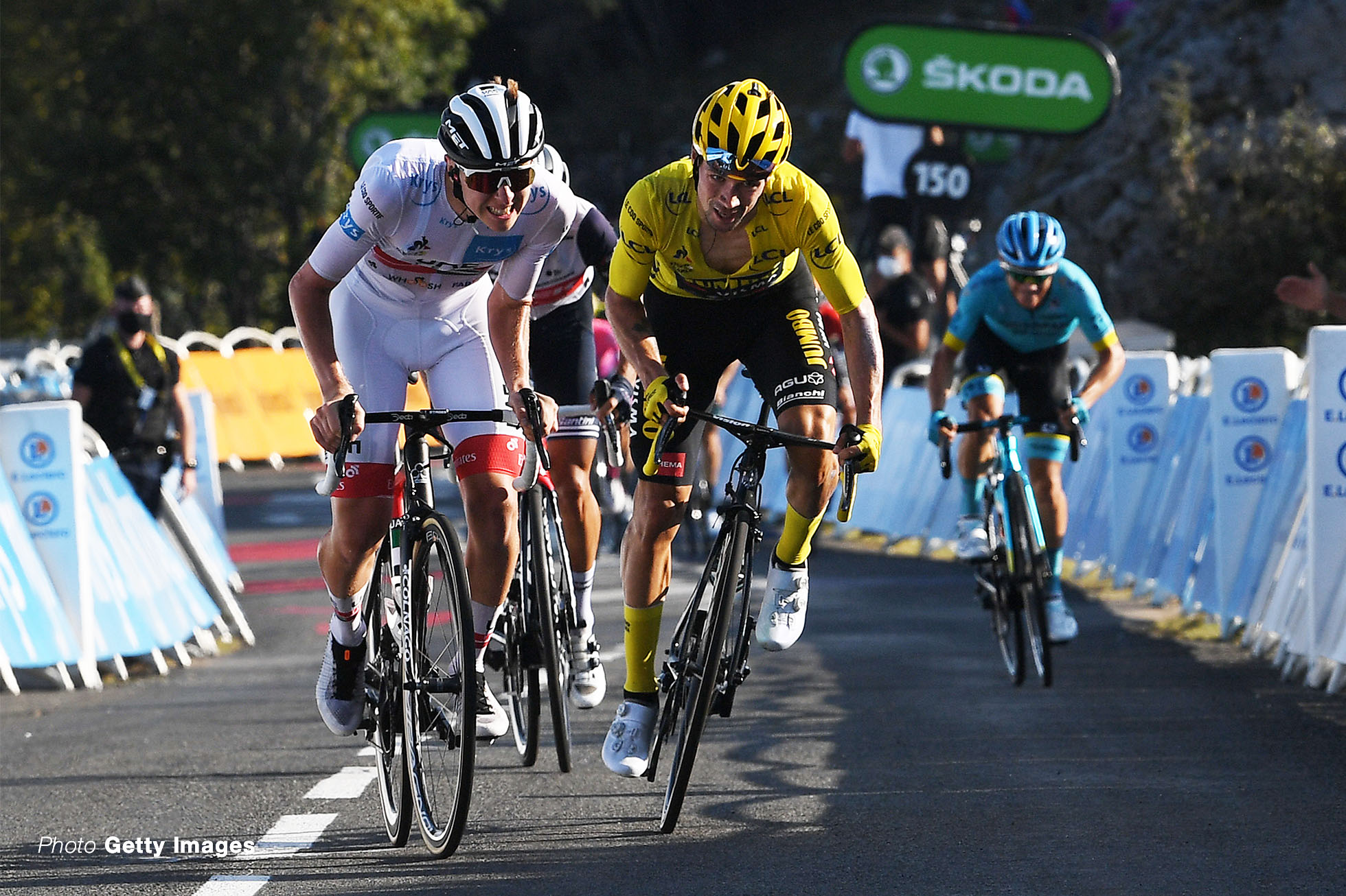 107th Tour de France 2020 - Stage 15 GRAND COLOMBIER, FRANCE - SEPTEMBER 13: Primoz Roglic of Slovenia and Team Jumbo - Visma Yellow Leader Jersey / Tadej Pogacar of Slovenia and UAE Team Emirates White Best Young Rider Jersey / Miguel Angel Lopez Moreno of Colombia and Astana Pro Team / Grand Colombier (1501m)/ during the 107th Tour de France 2020, Stage 15 a 174,5km stage from Lyon to Grand Colombier 1501m / #TDF2020 / @LeTour / on September 13, 2020 in Grand Colombier, France. (Photo by Tim de Waele/Getty Images)