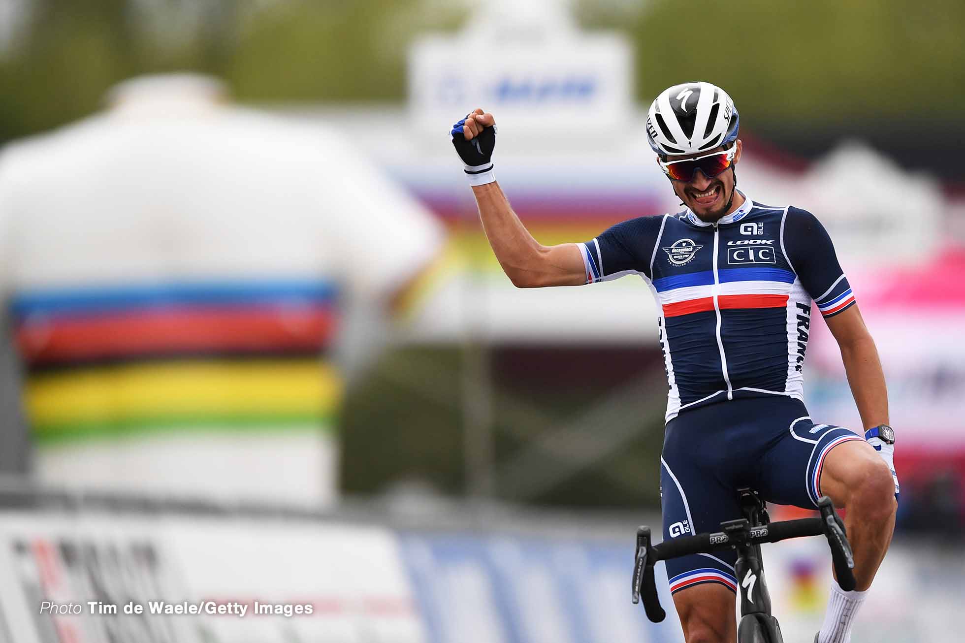 93rd UCI Road World Championships 2020 - Men Elite Road Race IMOLA, ITALY - SEPTEMBER 27: Arrival / Julian Alaphilippe of France / Celebration / during the 93rd UCI Road World Championships 2020, Men Elite Road Race a 258,2km race from Imola to Imola - Autodromo Enzo e Dino Ferrari / @Imola_Er2020 / #Imola2020 / on September 27, 2020 in Imola, Italy. (Photo by Tim de Waele/Getty Images)