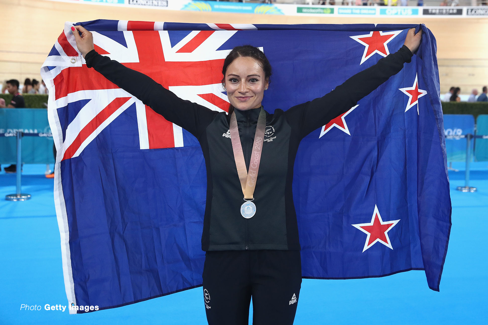 BRISBANE, AUSTRALIA - APRIL 06: Silver medalist Natasha Hansen of New Zealand celebrates during the medal ceremony for the Women's Sprint final on day two of the Gold Coast 2018 Commonwealth Games at Anna Meares Velodrome on April 6, 2018 in Brisbane, Australia. (Photo by Scott Barbour/Getty Images)