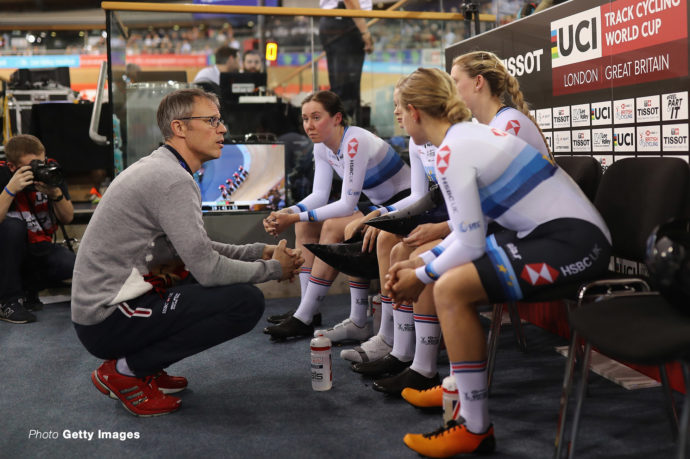 LONDON, ENGLAND - DECEMBER 14: Paul Manning, Coach of Great Britain(L) chats to the Great Britain Womens Team Pursuit Team prior to their ride during day One of the 2018 TISSOT UCI Track Cycling World Cup at Lee Valley Velopark Velodrome on December 14, 2018 in London, England. (Photo by Bryn Lennon/Getty Images)