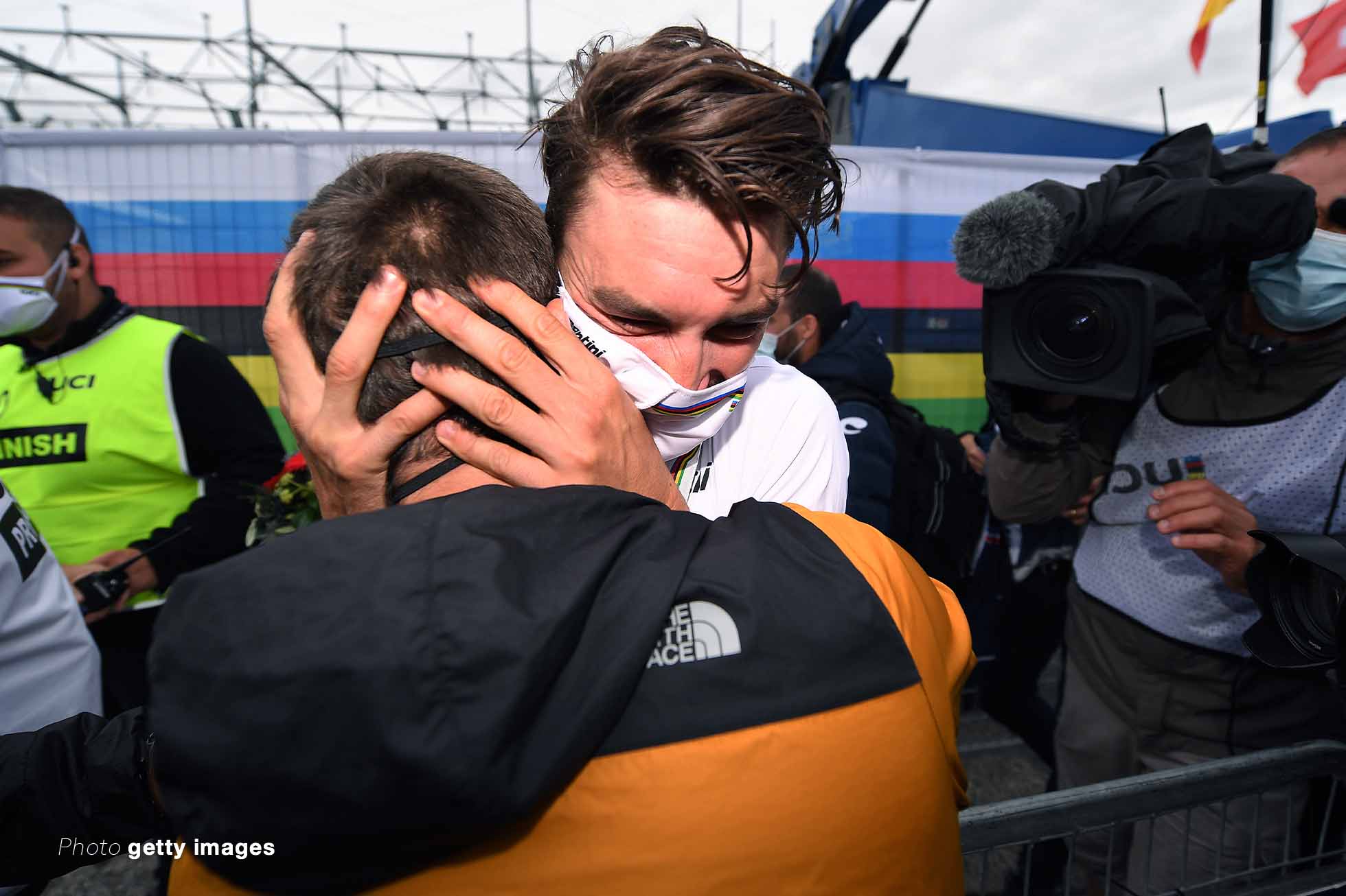 93rd UCI Road World Championships 2020 - Men Elite Road Race IMOLA, ITALY - SEPTEMBER 27: Podium / Julian Alaphilippe of France Gold medal World Champion Jersey / Celebration / Mask / Covid Safety Measures / during the 93rd UCI Road World Championships 2020, Men Elite Road Race a 258,2km race from Imola to Imola - Autodromo Enzo e Dino Ferrari / @Imola_Er2020 / #Imola2020 / on September 27, 2020 in Imola, Italy. (Photo by Tim de Waele/Getty Images)