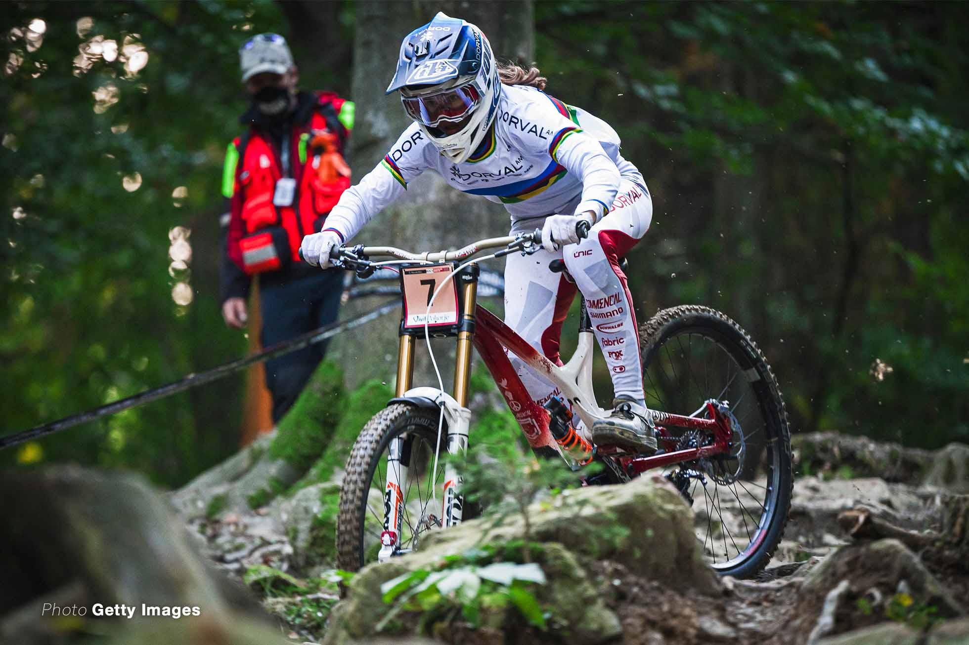 Camille Balanche of Switzerland competes during the UCI BIKE PARK POHORJE, MARIBOR, SLOVENIA - 2020/10/18: Camille Balanche of Switzerland competes during the UCI Mountain Bike Downhill World Cup race at the Bike Park Pohorje. (Photo by Jure Makovec/SOPA Images/LightRocket via Getty Images)