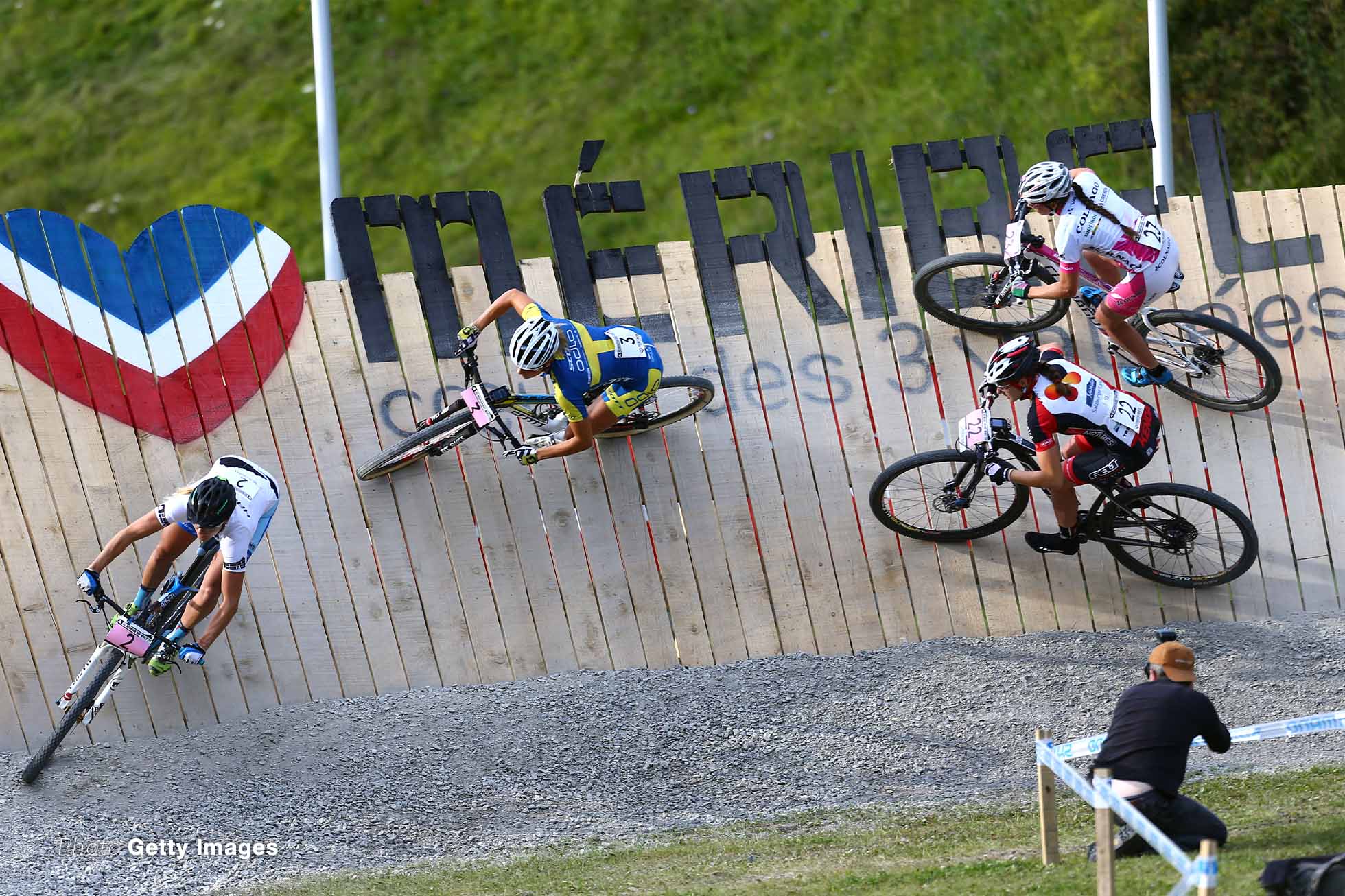 UCI Mountain Bike World Cup - Cross-country eliminiator MERIBEL, FRANCE - AUGUST 22: (FRANCE OUT) Kathrin Stirnemann of Switzerland takes 2nd place during the UCI Mountain Bike World Cup Cross-country eliminator on August 22, 2014 in Meribel, France. (Photo by Christophe Pallot/Agence Zoom/Getty Images)