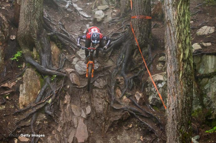 CamelBak Canadian Open Enduro presented by Specialized WHISTLER, CANADA - August 11: Jesse Melamed of Canada races Stage 6 of the Enduro World Series mountain bike event on August 11, 2019 in British Columbia, Canada. (Photo by John Gibson/Getty Images)