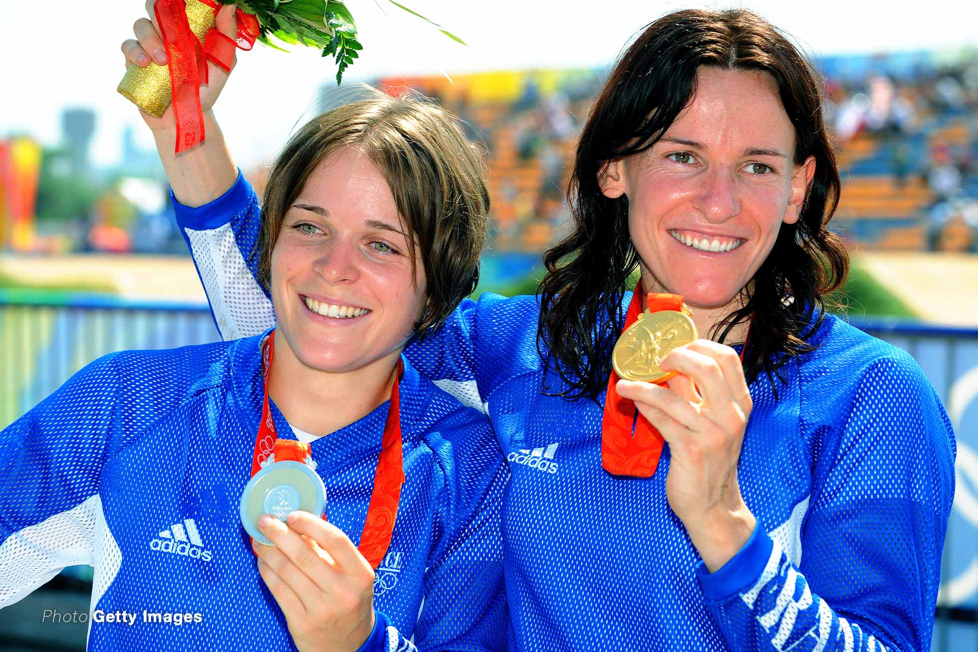 Beijing Olympics / Cycling : Bmx Beijing Olympics, Cycling : Bmxpodium, Le Corguille Laetitia (Fra) Silver Medal, Chausson Anne Caroline (Fra) Gold Medal, Celebration Joie Vreugde, Women Vrouwen, Laoshan Bmx Venue, Olymische Spelen, Jeux Olympique, (C)Tim De Waele (Photo by Tim De Waele/Getty Images)