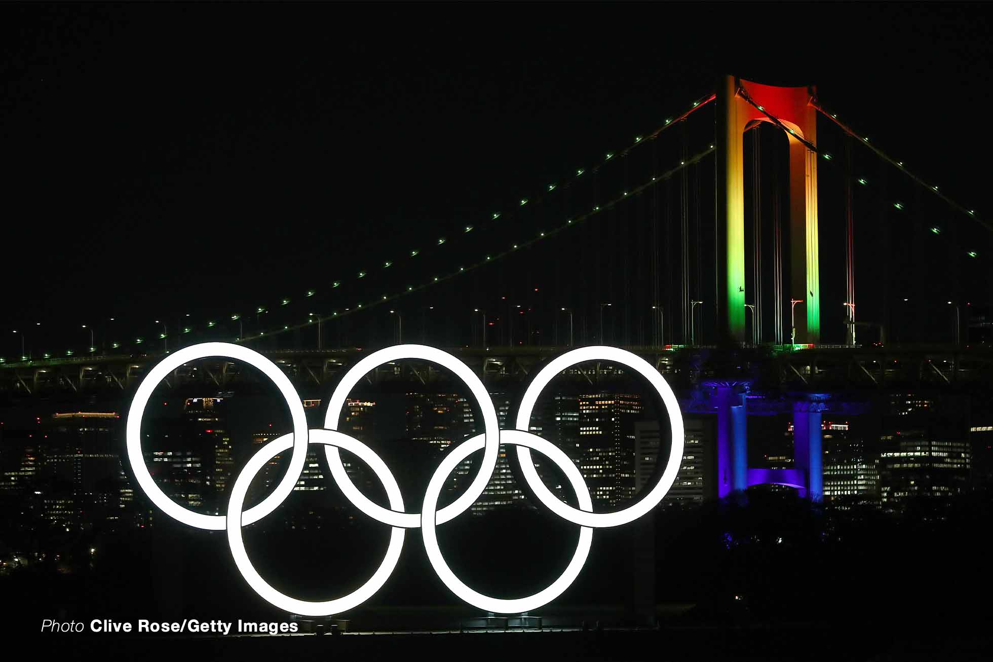 Tokyo Olympic Games 6 Months To Go TOKYO, JAPAN - JANUARY 24: The Olympic rings are illuminated for the first time to mark 6 months to go to the Olympic games at Odaiba Marine Park on January 24, 2020 in Tokyo, Japan. (Photo by Clive Rose/Getty Images)