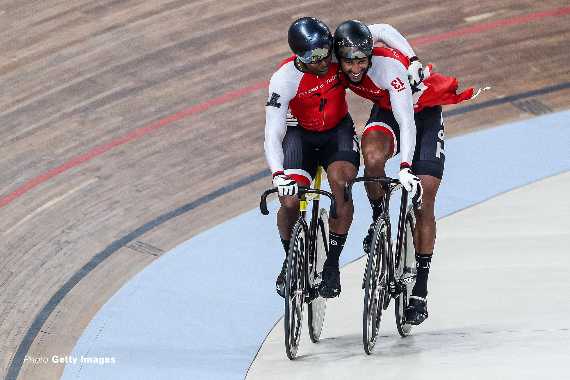 LIMA, PERU - AUGUST 03: Nicholas Paul (L) and Njianse Philip of Trinidad and Tobago celebrate after the final race in cycling track Sprint Men Finals Gold at Velodrome of VIDENA on Day 8 of Lima 2019 Pan American Games on August 03, 2019 in Lima, Peru. (Photo by Buda Mendes/Getty Images)