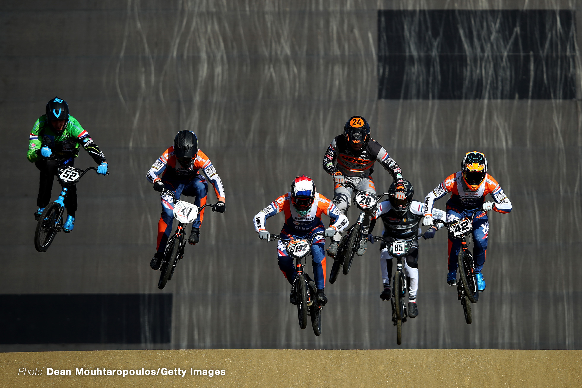 ARNHEM, NETHERLANDS - OCTOBER 11: (L-R) Joey Nap, Bart Van Bemmelen, Dave Van Der Burg, Pieter Van Lankveld, Teun Kivit and Jay Schippers compete in the Junior Mens Race during the Dutch National BMX Championships at Olympic Training Centre Papendal on October 11, 2020 in Arnhem, Netherlands. (Photo by Dean Mouhtaropoulos/Getty Images)