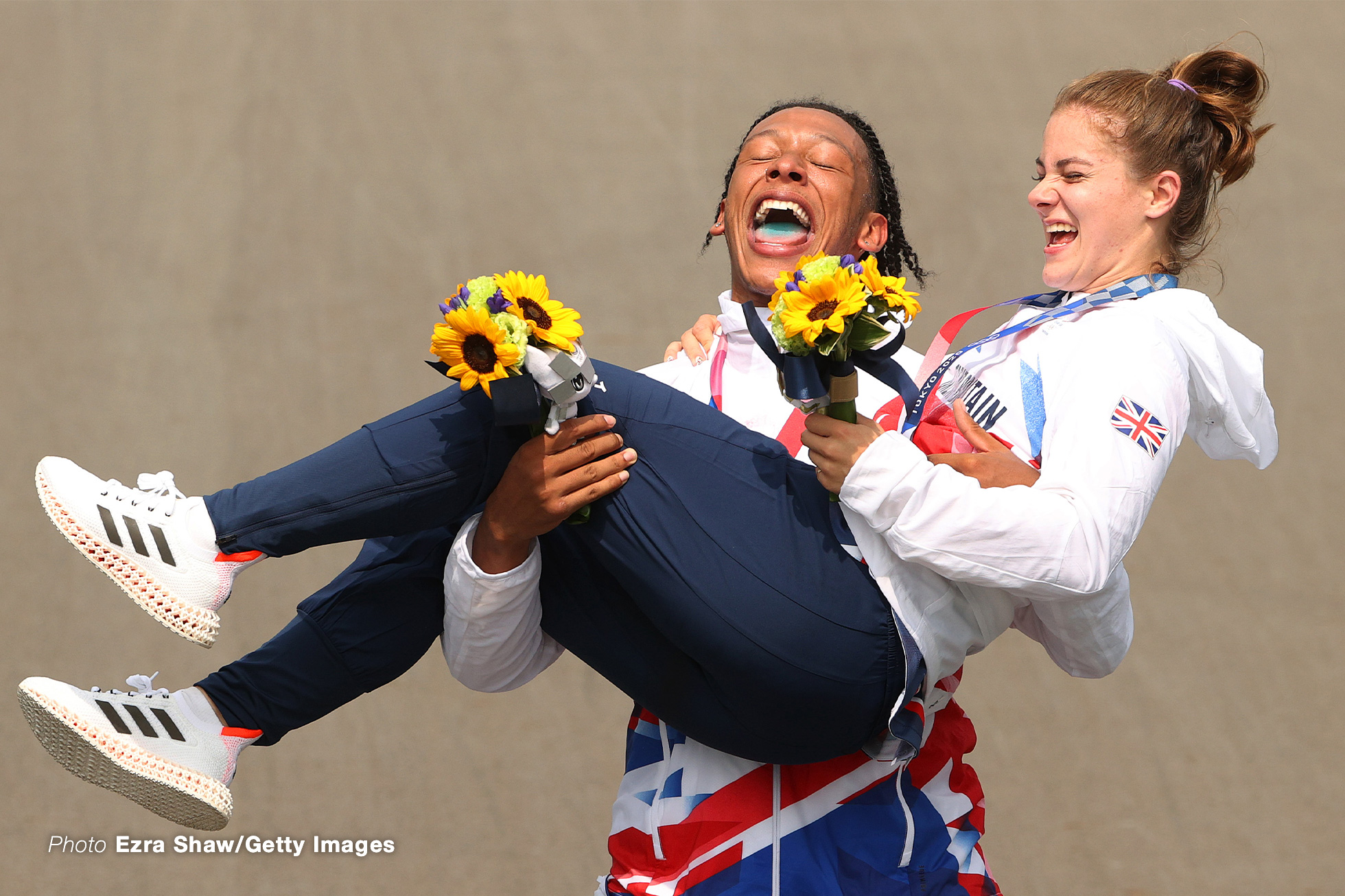 TOKYO, JAPAN - JULY 30: (L-R) Silver medalist Kye Whyte and gold medalist Bethany Shriever of Team Great Britain pose for a photograph while celebrate at the medal ceremony after the BMX final on day seven of the Tokyo 2020 Olympic Games at Ariake Urban Sports Park on July 30, 2021 in Tokyo, Japan. (Photo by Ezra Shaw/Getty Images)