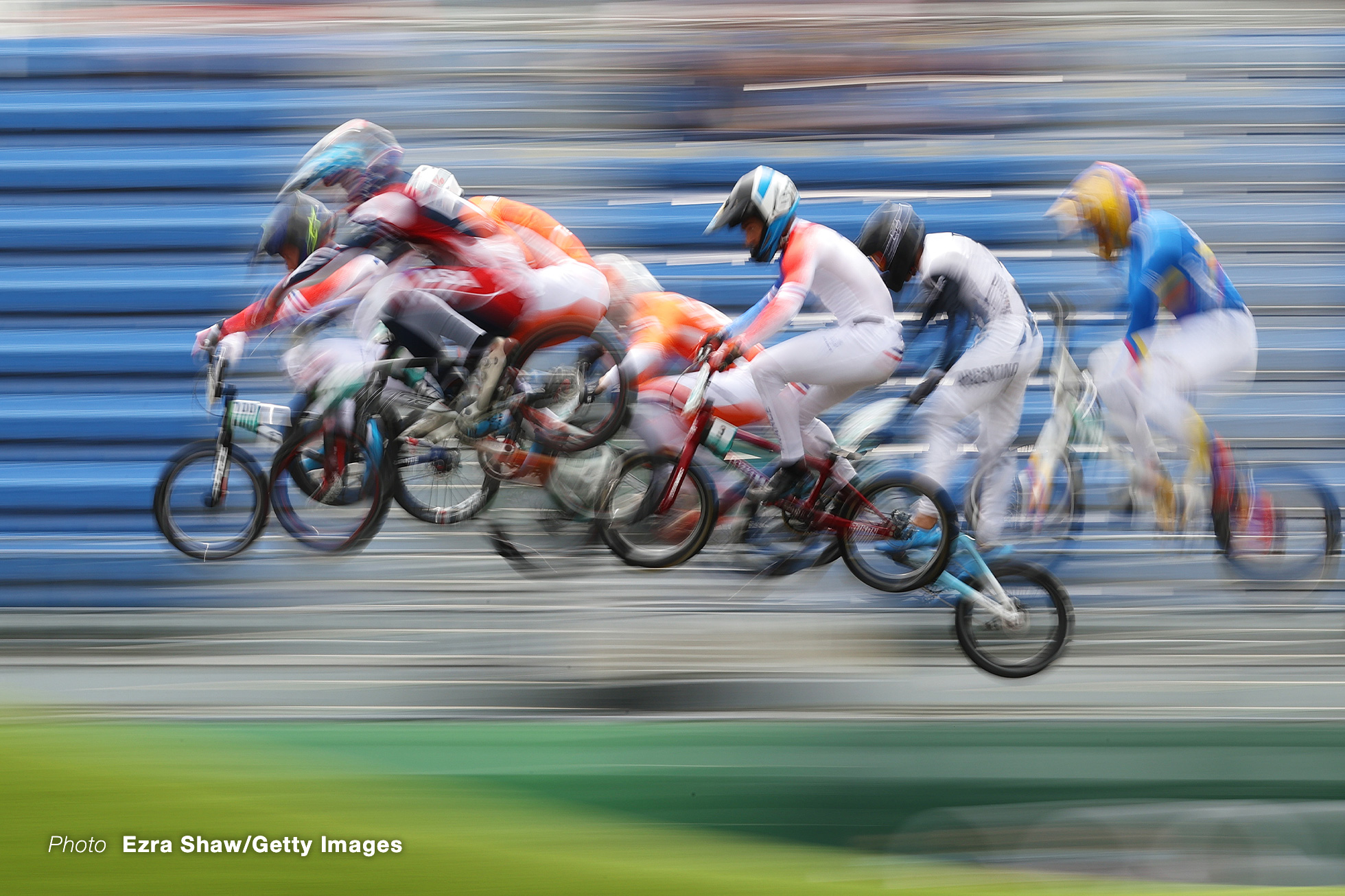 TOKYO, JAPAN - JULY 30: A general view of Connor Fields of Team United States, Twan van Gendt of Team Netherlands, Sylvain Andre of Team France, Joris Harmsen of Team Netherlands, Carlos Alberto Ramirez Yepes of Team Colombia, Romain Mahieu of Team France, Vincent Pelluard of Team Colombia and Nicolas Torres of Team Argentina during the Men's BMX semifinal heat ,run 1 as they jump on day seven of the Tokyo 2020 Olympic Games at Ariake Urban Sports Park on July 30, 2021 in Tokyo, Japan. (Photo by Ezra Shaw/Getty Images)