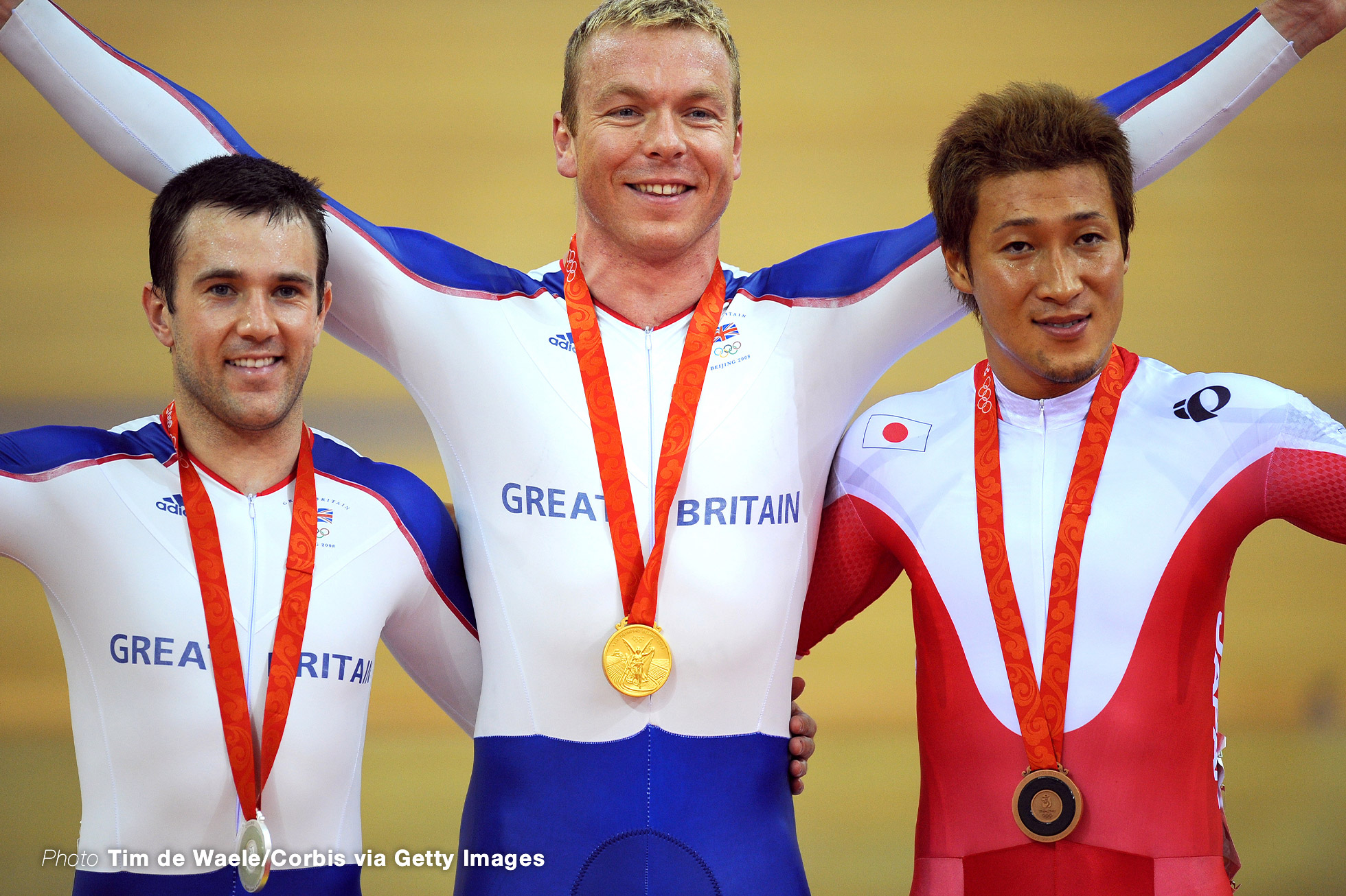 永井清史 "Beijing Olympics : Track EDGAR Ross (GBR) / Silver medal / HOY Chris (GBR) / Gold Medal / NAGAI Kiyofumi (JPN) / Bronze medal / Celebration Joie Vreugde / Men Keirin / Keirin Mannen / Track Pist / Laoshan Velodrome / Olymische spelen / Jeux Olympique / (c)Tim De Waele " (Photo by Tim de Waele/Corbis via Getty Images)