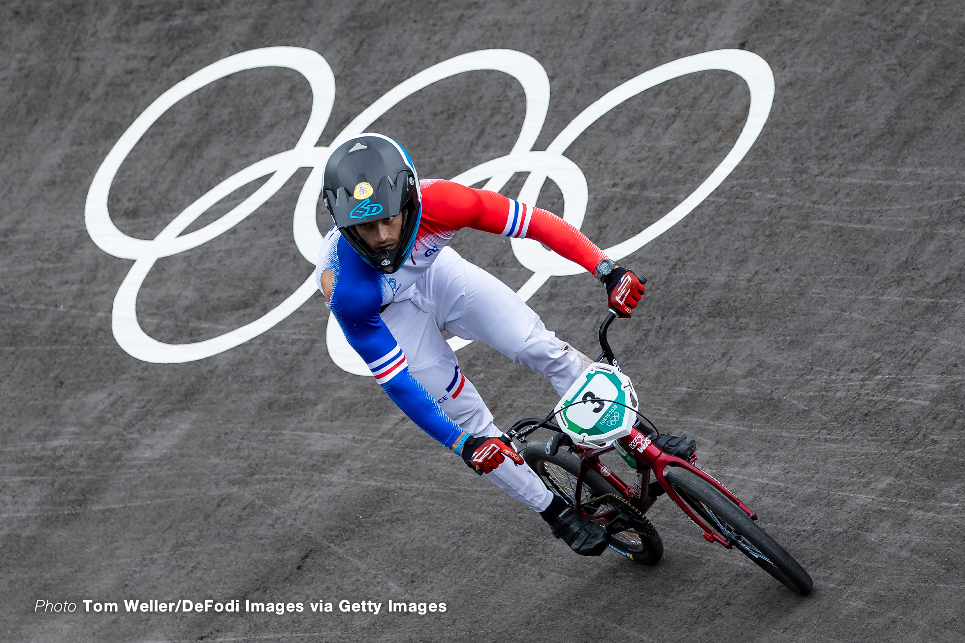 TOKYO, JAPAN - JULY 30: (BILD ZEITUNG OUT) Sylvain Andre of France compete during the Men's BMX Racing Run on day seven of the Tokyo 2020 Olympic Games at Ariake Urban Sports Park on July 30, 2021 in Tokyo, Japan. (Photo by Tom Weller/DeFodi Images via Getty Images)