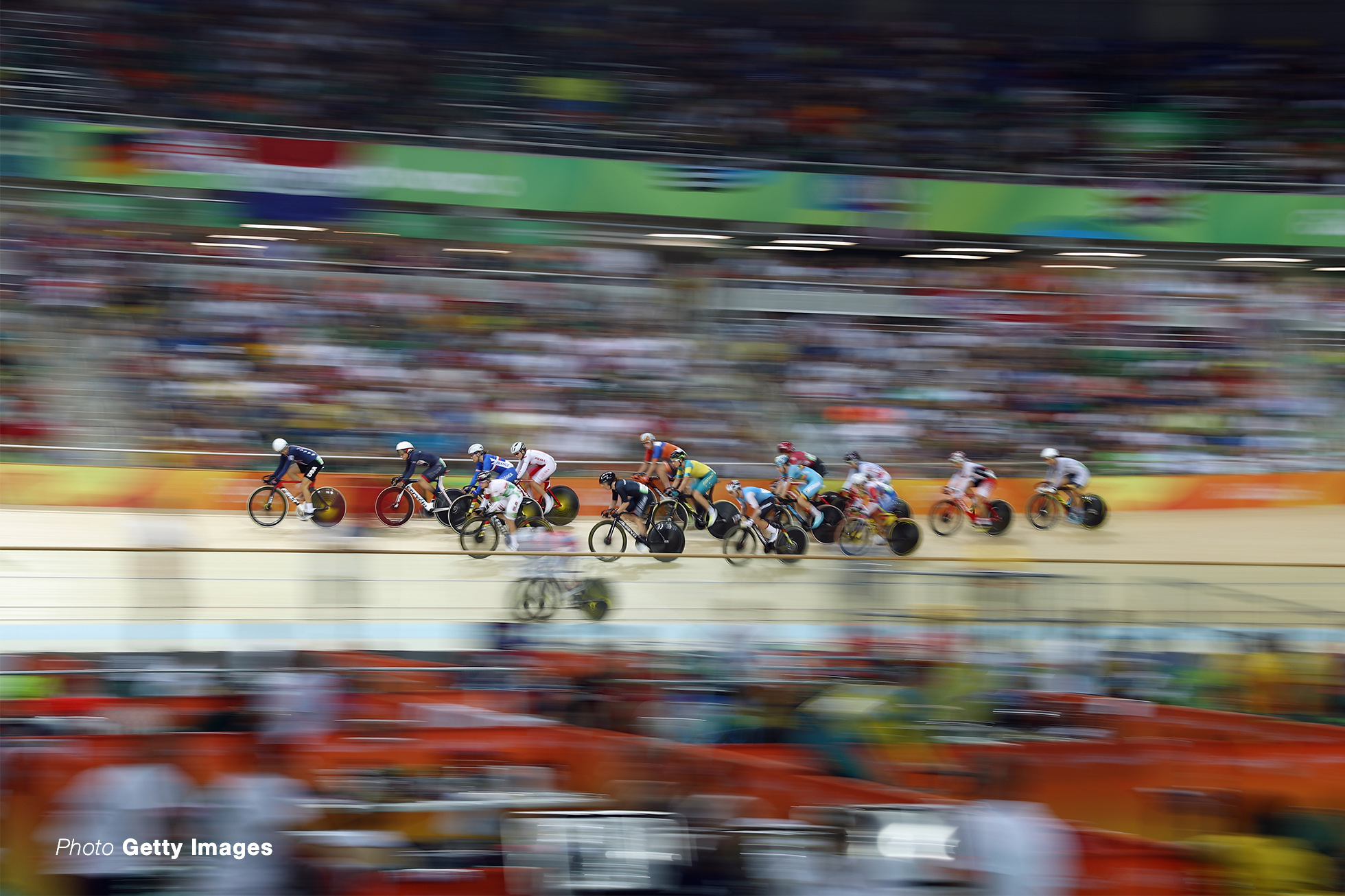 RIO DE JANEIRO, BRAZIL - AUGUST 16: Cyclists compete during the Women's Omnium Points race on Day 11 of the Rio 2016 Olympic Games at the Rio Olympic Velodrome on August 16, 2016 in Rio de Janeiro, Brazil. (Photo by Bryn Lennon/Getty Images)