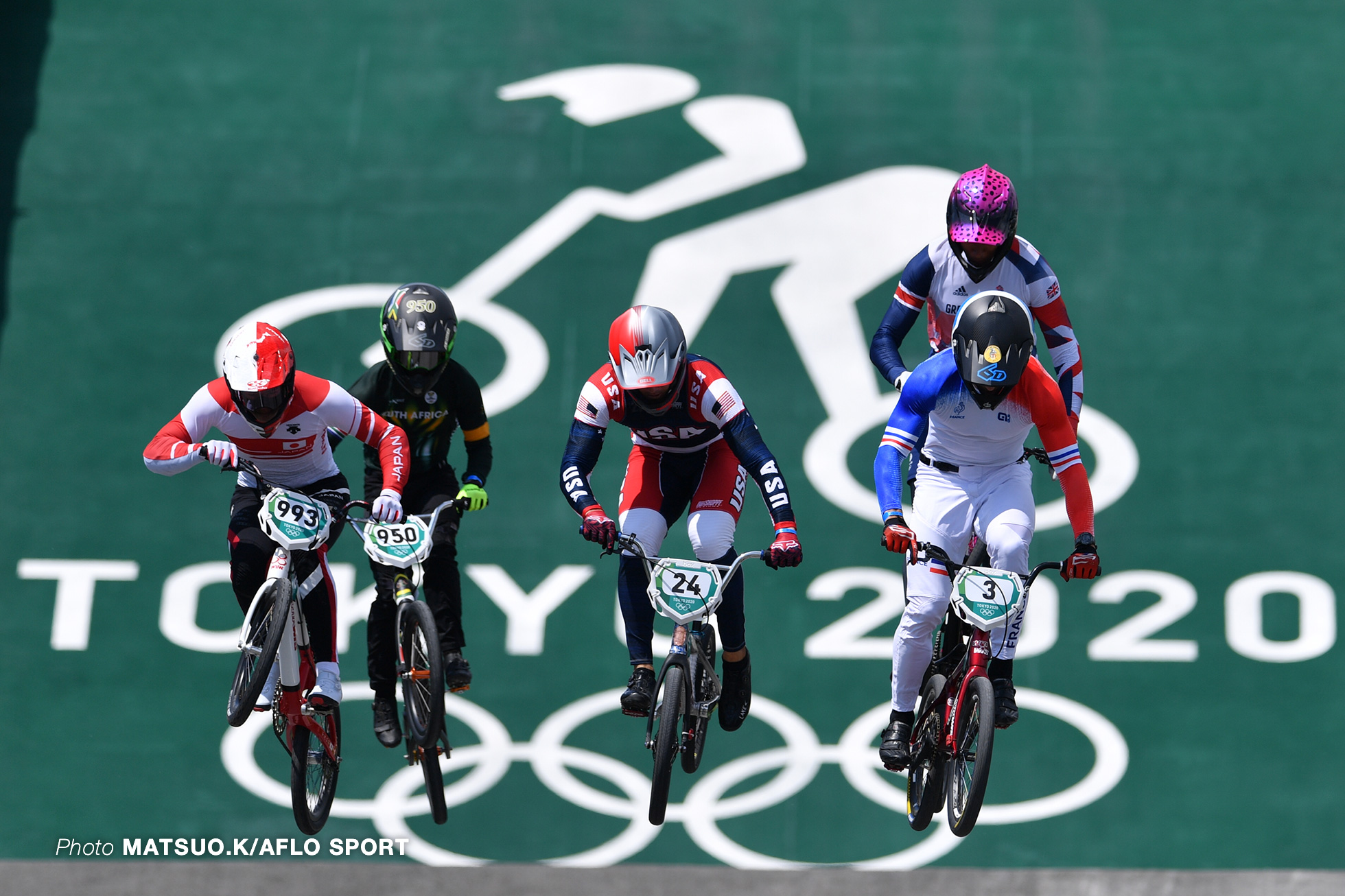 LIMBERG Alex 950 (RSA), NAGASAKO Yoshitaku 993 (JPN), SHARRAH Corben 24 (USA), WHYTE Kye 5 (GBR), ANDRE Sylvain 3 (FRA), JULY 29, 2021 - Cycling : BMX Racing Men's Quarter-Final during the Tokyo 2020 Olympic Games at the Ariake Urban Sports Park in Tokyo, Japan. (Photo by MATSUO.K/AFLO SPORT)