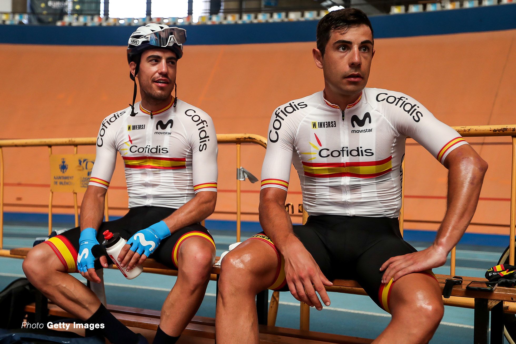 VALENCIA, SPAIN - JUNE 29: Albert Torres and Sebastian Mora of the Spanish track cycling team looks on during the presentation of the Spanish Track Team for Tokyo 2020 at the Luis Puig Velodrome on june 29, 2021, in Valencia, Spain. (Photo by Ivan Terron / Europa Press Sports via Getty Images)