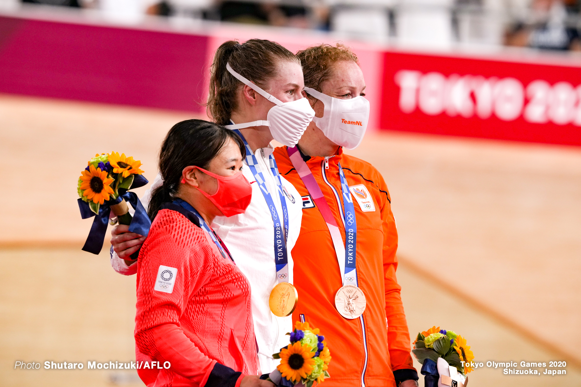 ジェニファー・バレンテ Jennifer Valente (USA), 梶原悠未 Yumi Kajihara (JPN), キルステン・ウィルト Kirsten Wild (NED), Women's Omnium AUGUST 8, 2021 - Cycling : during the Tokyo 2020 Olympic Games at the Izu Velodrome in Shizuoka, Japan. (Photo by Shutaro Mochizuki/AFLO)