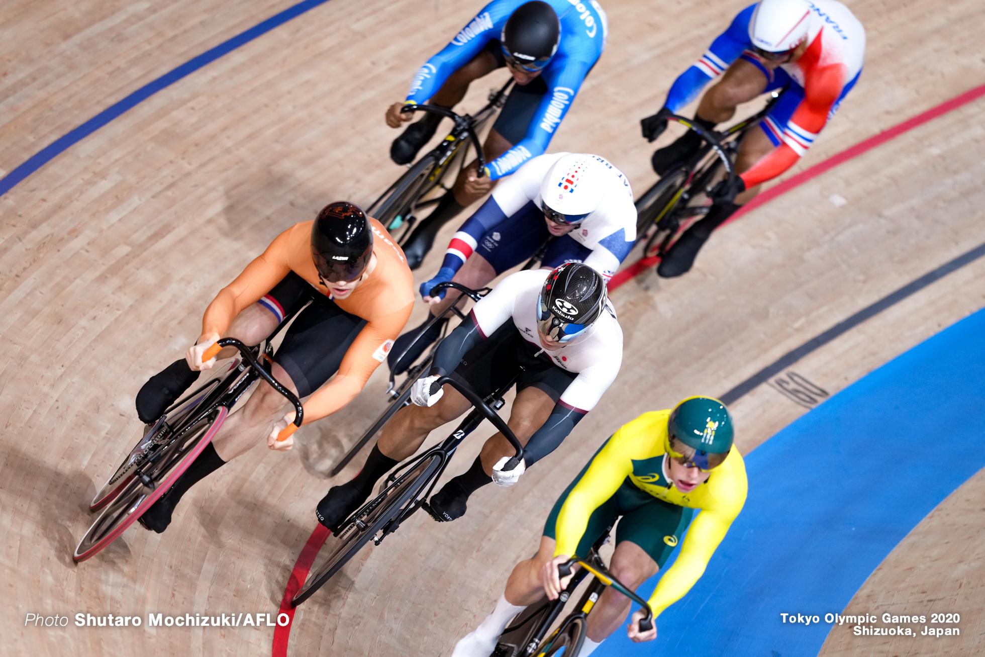 マシュー・リチャードソン Matthew Richardson (AUS), マシュー・リチャードソン Matthew Richardson (AUS), ジェイソン・ケニー Jason Kenny (GBR), 新田祐大 Yudai Nitta (JPN), ハリー・ラブレイセン Harrie Lavreysen (NED), Men's Keirin Quarter-Final AUGUST 8, 2021 - Cycling : during the Tokyo 2020 Olympic Games at the Izu Velodrome in Shizuoka, Japan. (Photo by Shutaro Mochizuki/AFLO)