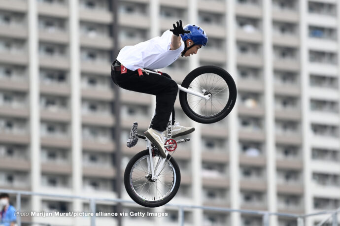 31 July 2021, Japan, Tokio: Cycling/BMX: Olympics, Preliminary, Freestyle, Men, Qualifying, at Ariake Urban Sports Park. Rim Nakamura from Japan in action. Photo: Marijan Murat/dpa (Photo by Marijan Murat/picture alliance via Getty Images)