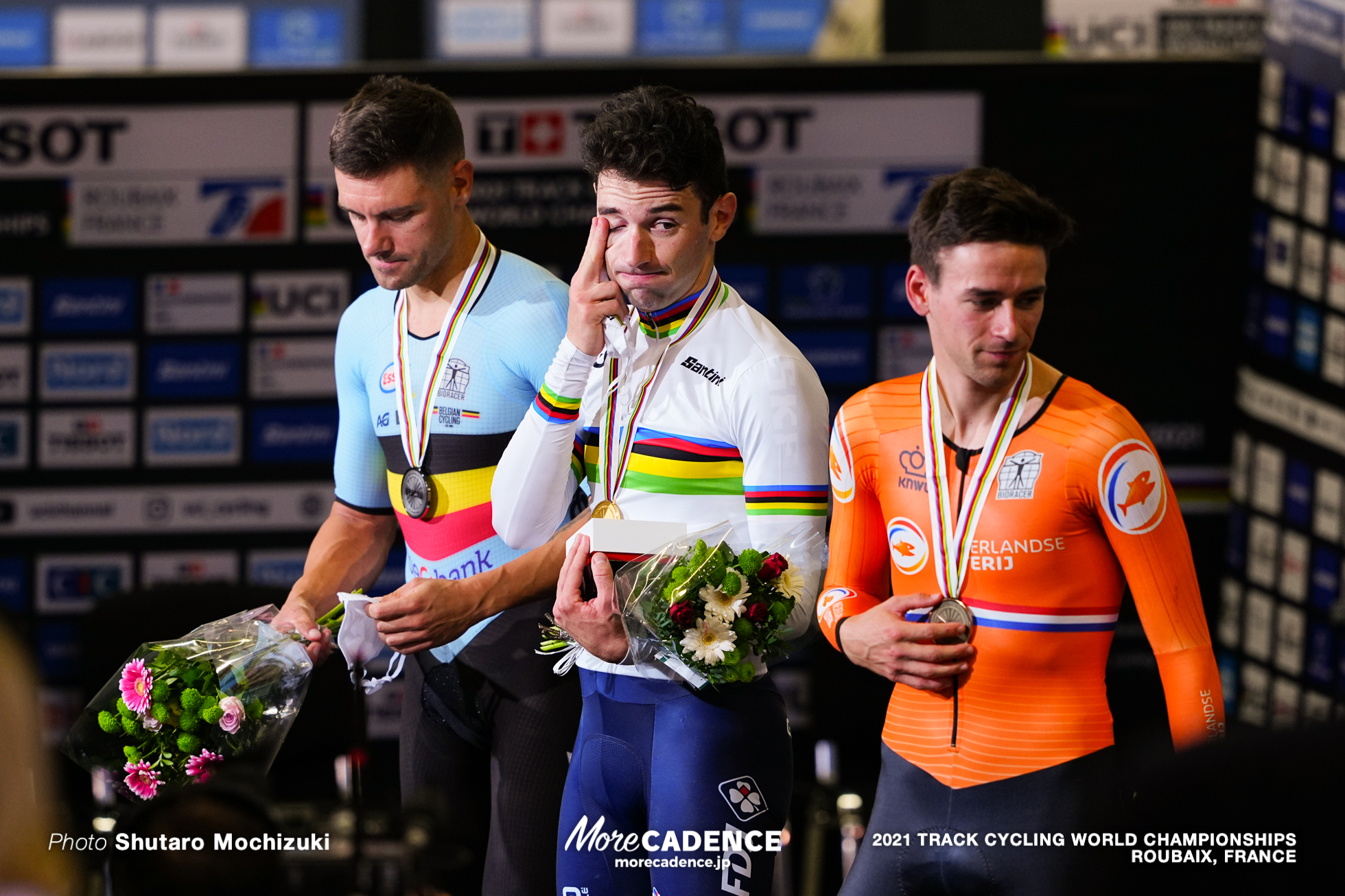 Men's Point Race Podium / 2021 Track Cycling World Championships Roubaix, THOMAS Benjamin（FRA）ベンジャミン・トマ, de KETELE Kenny（BEL）ケニー・デ ケテル, HOPPEZAK Vincent（NED）ヴィンセント・ホペザック