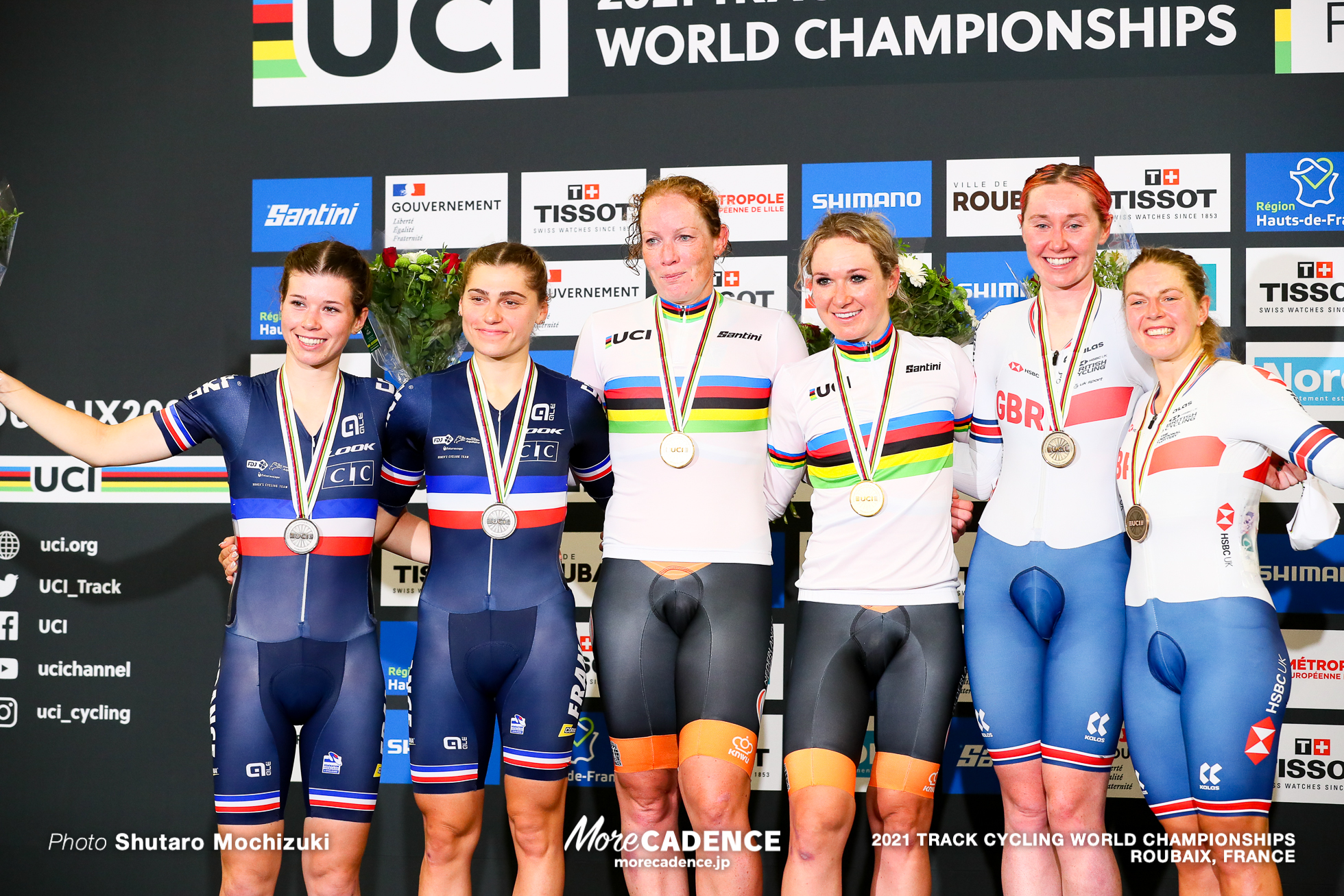 Women's Madison Podium / 2021 Track Cycling World Championships, Roubaix, PIETERS Amy（NED）エイミー・ピータース, WILD Kirsten（NED）キルステン・ウィルト, COPPONI Clara（FRA）クララ・コッポニ, LE NET Marie（FRA）マリエ・ネット, ARCHIBALD Katie（GBR）ケイティ・アーチボルト, EVANS Neah（GBR）ネア・エバンス