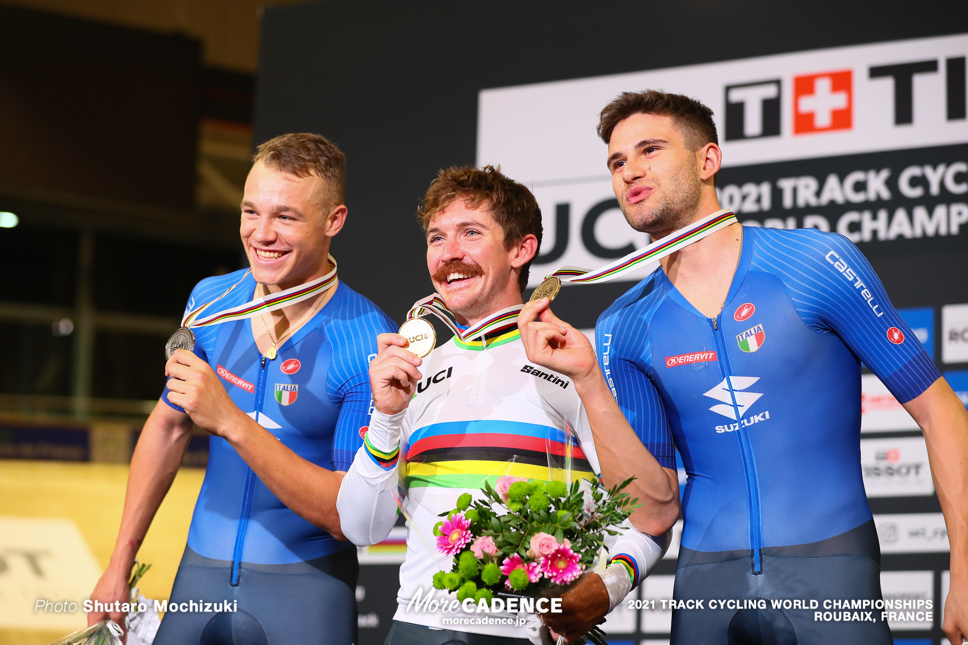 Men's Individual Pursuit Podium / 2021 Track Cycling World Championships, Roubaix, LAMBIE Ashton（USA）アシュトン・ランビー, MILAN Jonathan（ITA）ジョナサン・ミラン, GANNA Filippo（ITA）フィリポ・ガンナ