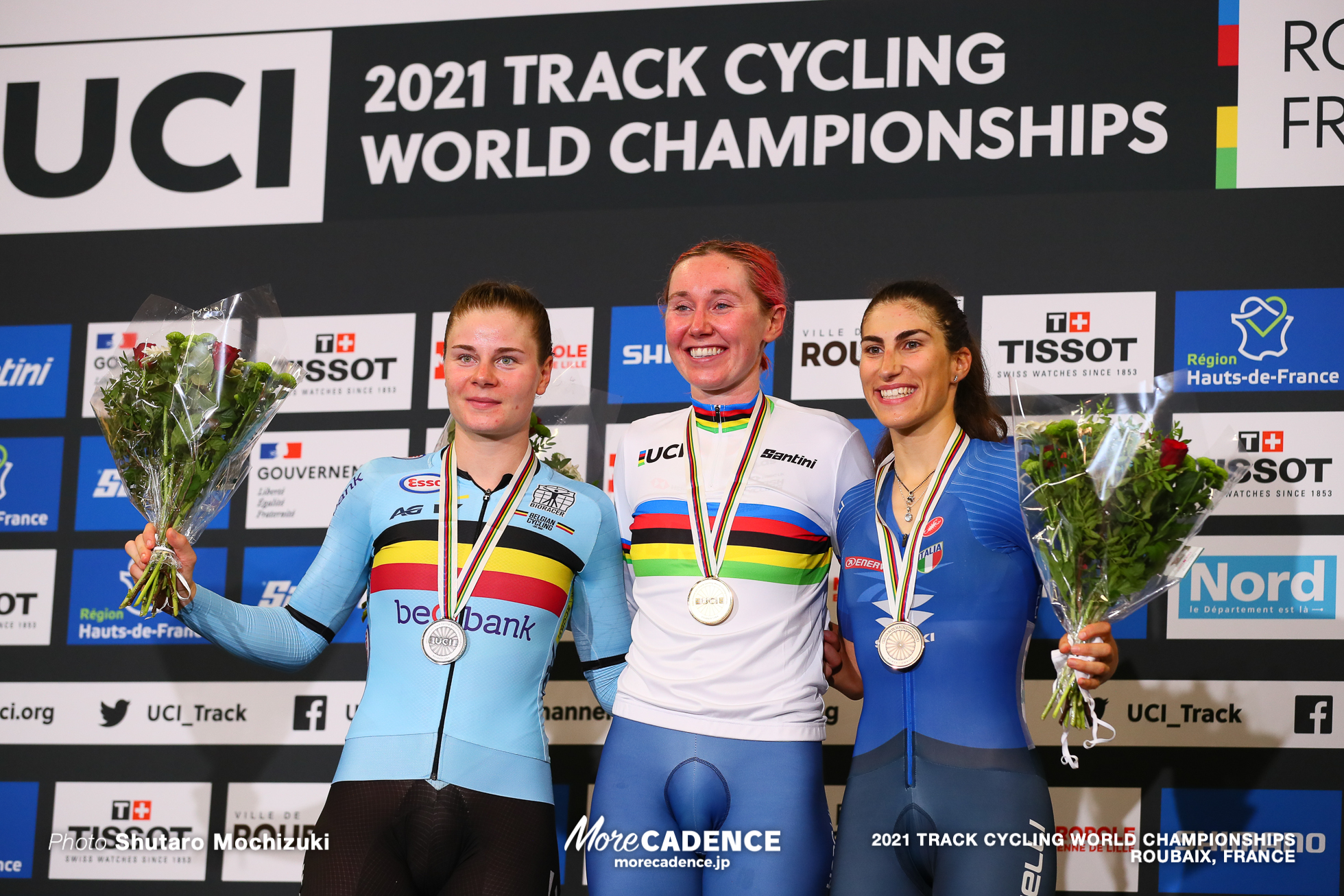 Women's Omnium Podium / 2021 Track Cycling World Championships, Roubaix, ARCHIBALD Katie（GBR）ケイティ・アーチボルト, KOPECKY Lotte（BEL）ロッテ・コペツキー, BALSAMO Elisa（ITA）エリサ・バルサモ