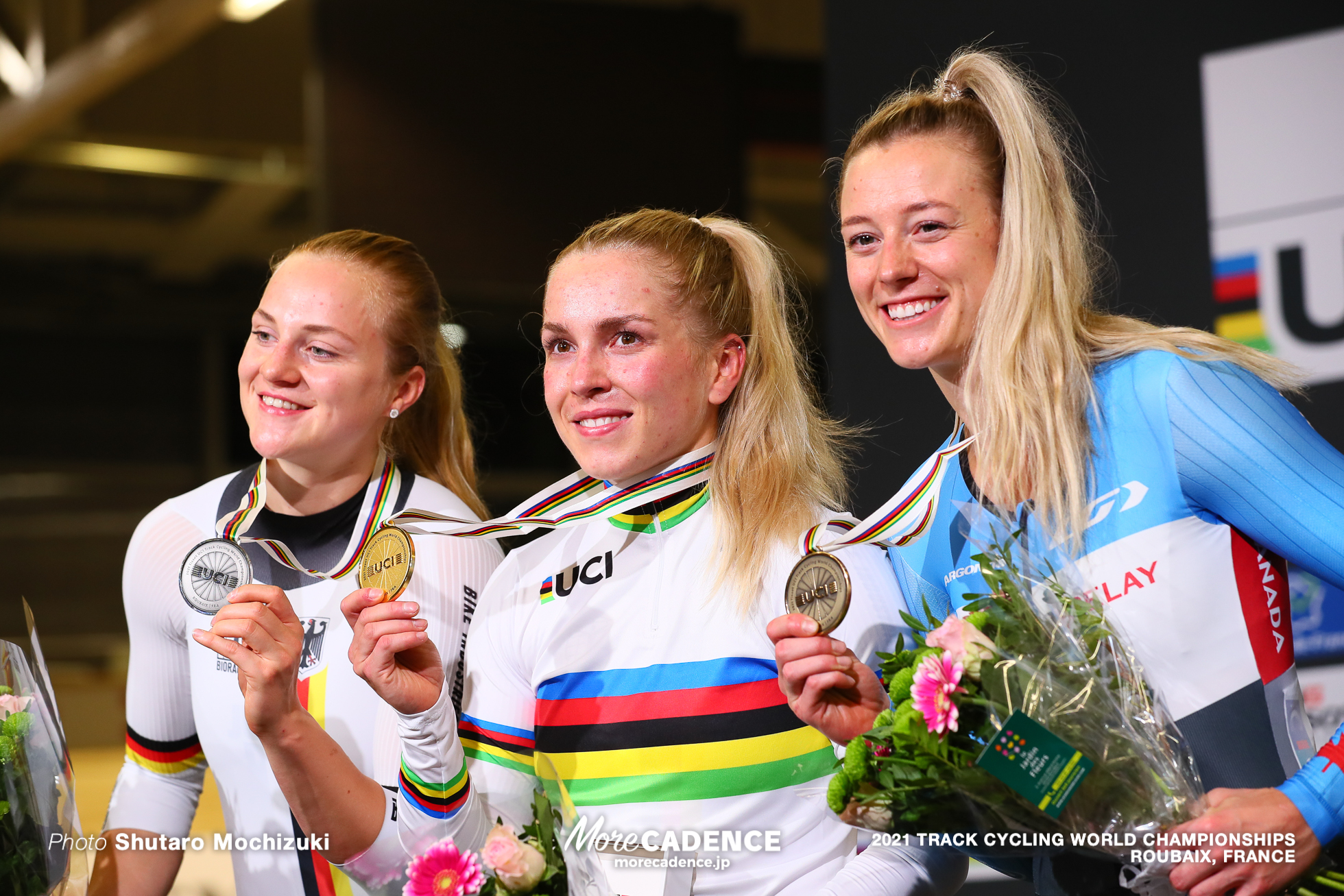 Women's Sprint Podium / 2021 Track Cycling World Championships, Roubaix, HINZE Emma（GER）エマ・ヒンツェ, FRIEDRICH Lea Sophie, MITCHELL Kelsey（CAN）ケルシー・ミシェル（GER）リー ソフィー・フリードリッヒ,