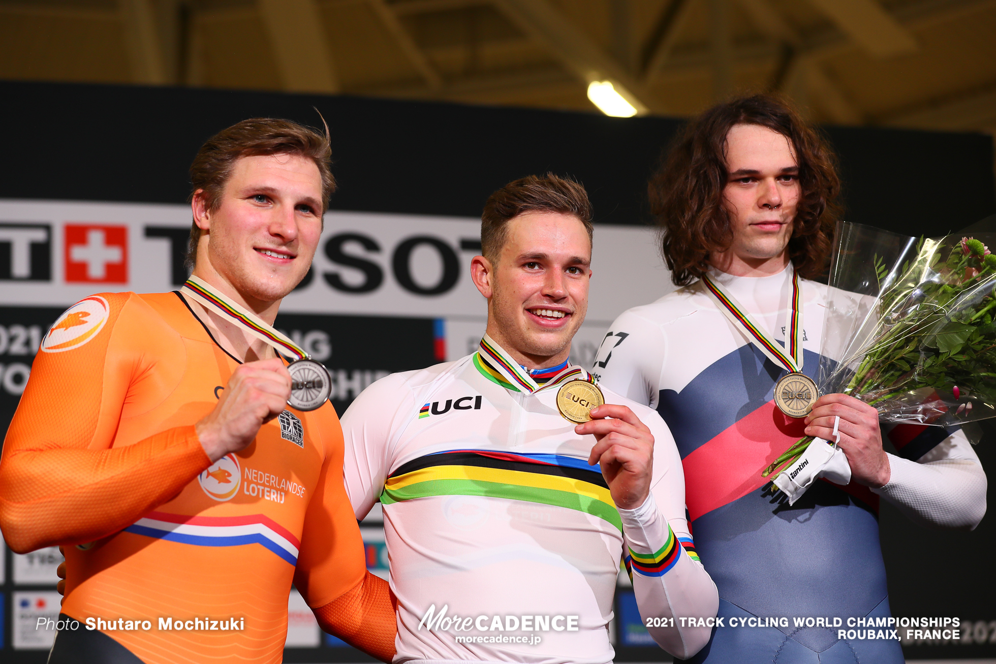 Men's Keirin Podium / 2021 Track Cycling World Championships, Roubaix, LAVREYSEN Harrie（NED）ハリー・ラブレイセン, HOOGLAND Jeffrey（NED）ジェフリー・ホーフラント, IAKOVLEV Mikhail（RCF）ミクヘイル・イアコフレフ