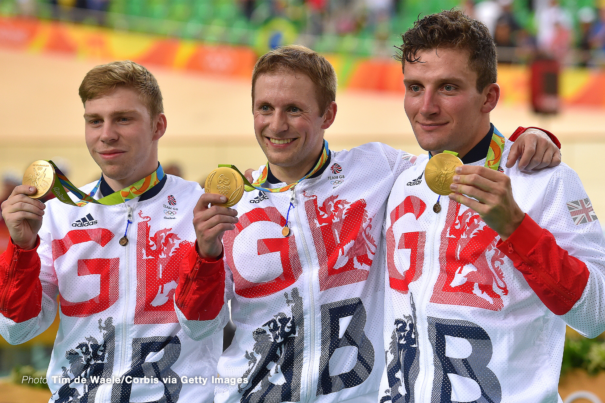 Cycling: 31st Rio 2016 Olympics / Track Cycling: Men's Team Sprint Finals Podium / Team GREAT BRITAIN (GBR)/ Philip HINDES (GBR)/ Jason KENNY (GBR)/ Callum SKINNER (GBR) Gold Medal / Celebration / Rio Olympic Velodrome / Summer Olympic Games /(Photo by Tim de Waele/Corbis via Getty Images)