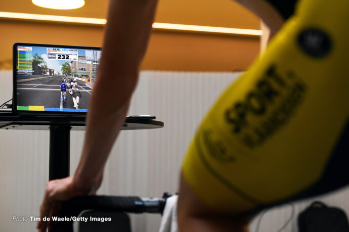 ALTEA, SPAIN - JANUARY 10: Indoor Training Zwift / Laptop / Detail view / during the Team Sport Vlaanderen - Baloise 2021 - Training Camp / on January 10, 2021 in Altea, Spain. (Photo by Tim de Waele/Getty Images)