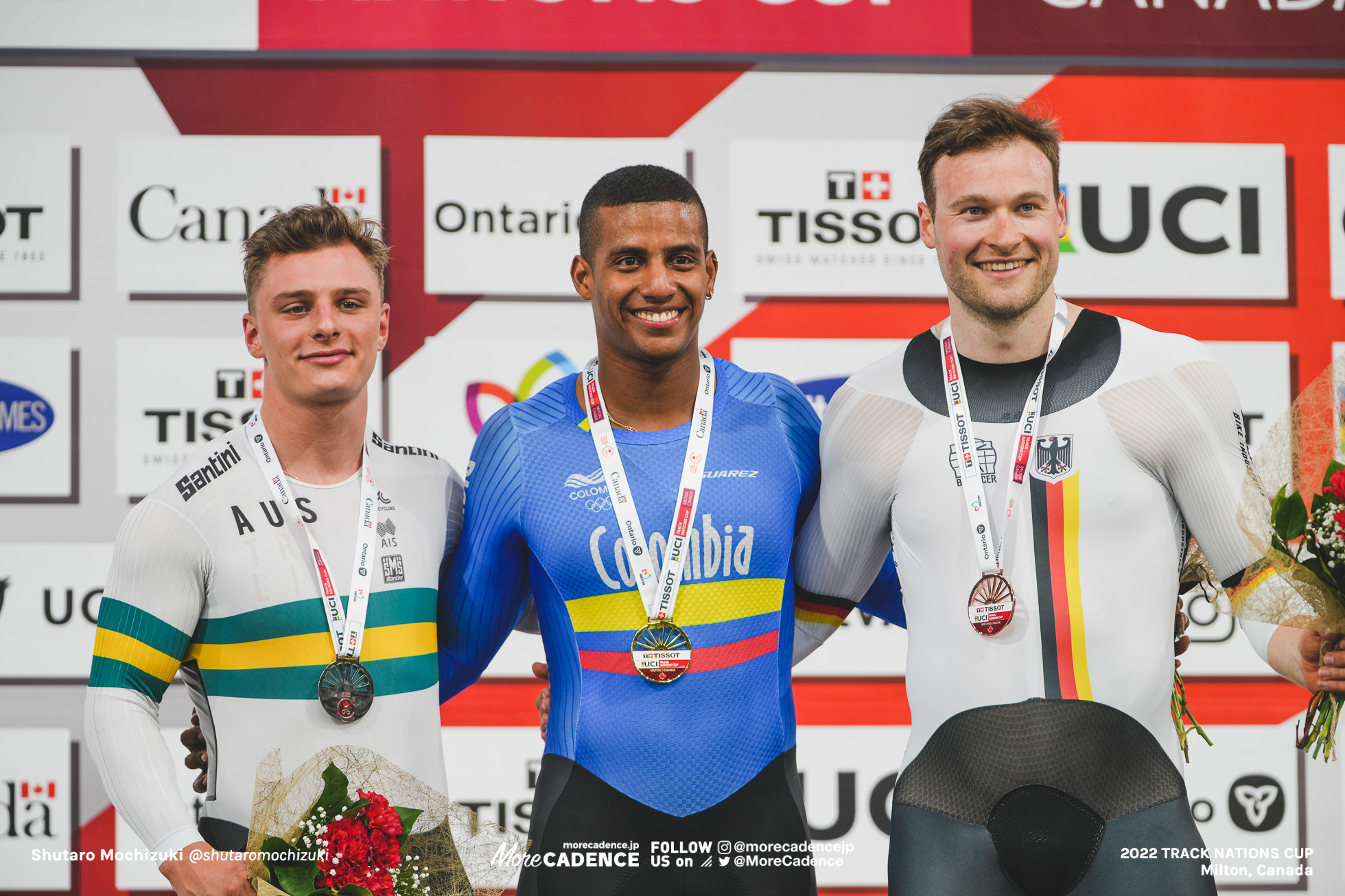 ケビン・キンテロ QUINTERO CHAVARRO Kevin Santiago, COL, マシュー・リチャードソン RICHARDSON Matthew, AUS, シュテファン・ボティシャー BOTTICHER Stefan, GER, Men's Keirin, 2022 Track Nations Cup, Milton, Canada