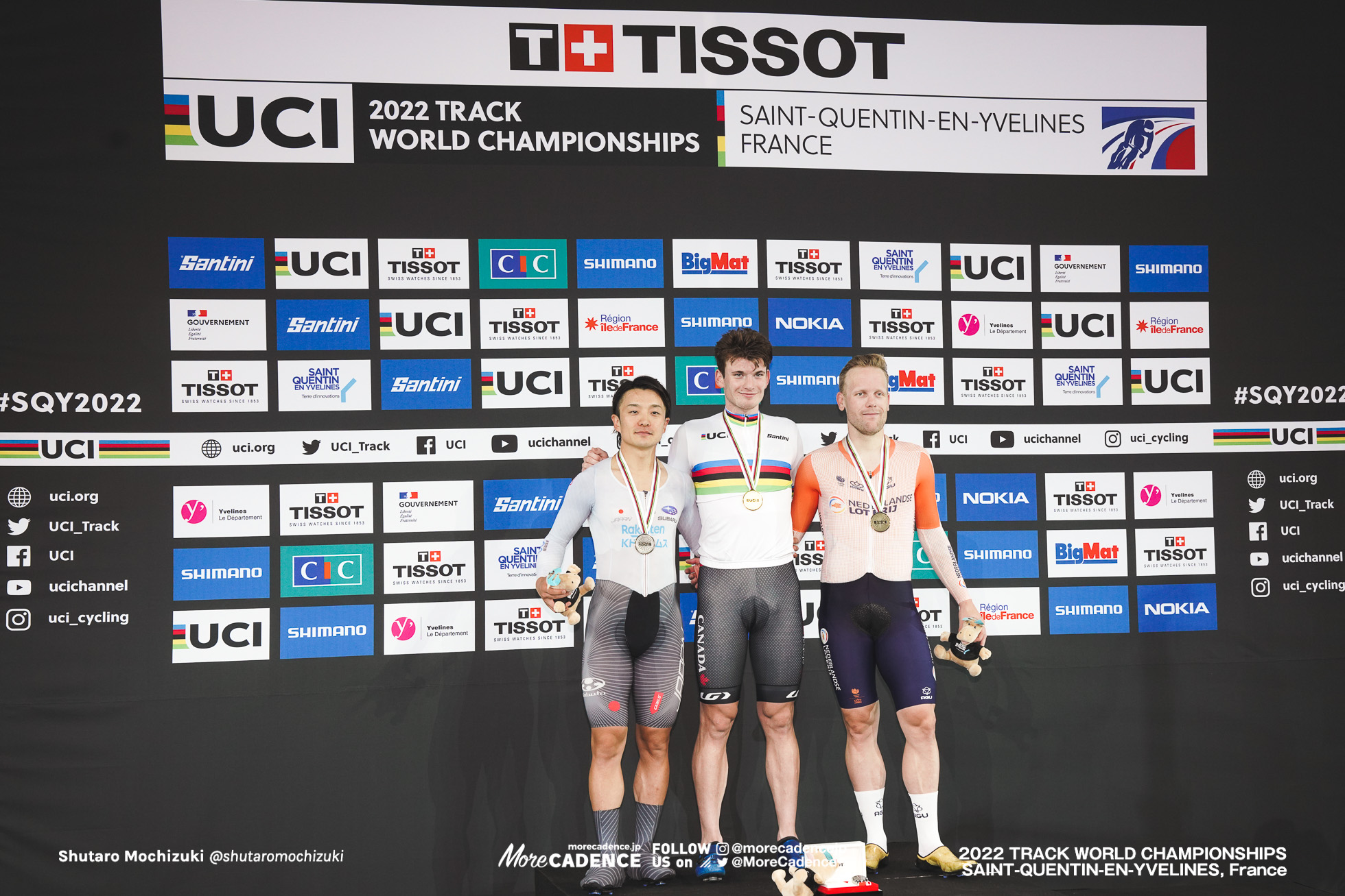 窪木一茂, KUBOKI Kazushige, JPN, ディラン・ビビック, BIBIC Dylan, CAN, ロイ・エイフティング, EEFTING Roy, NED, Men's Scratch, 2022 Track World Championships, Saint-Quentin-en-Yvelines, France